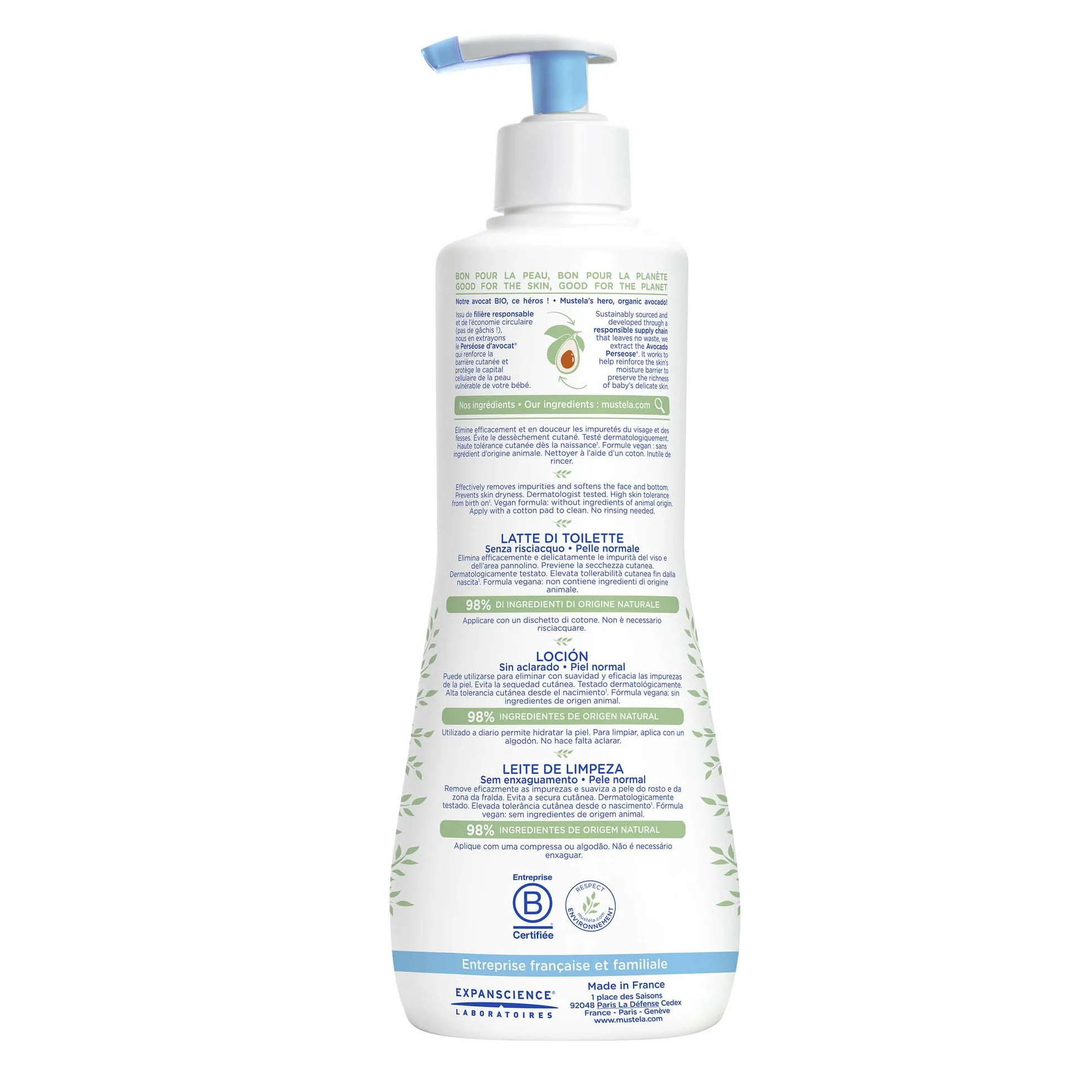Mustella Latte Detergente Viso Corpo e Cambio Pannolino 500ml - Senza Risciacquo 98% Ingredienti Naturali