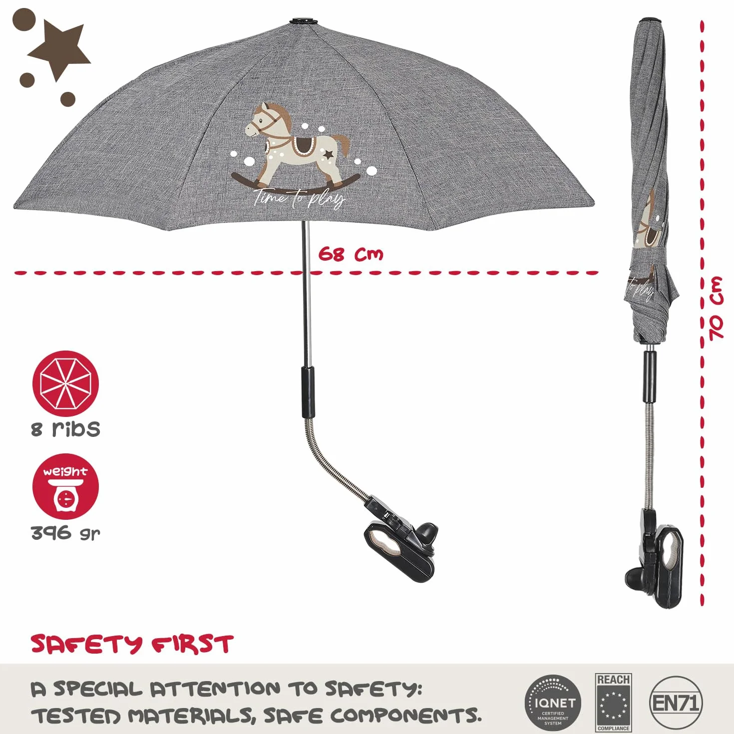 PERLETTI Parasole Passeggino Universale Anti UV 68 cm - Ombrellino da Sole Pioggia per Bambino Neonato Grigio