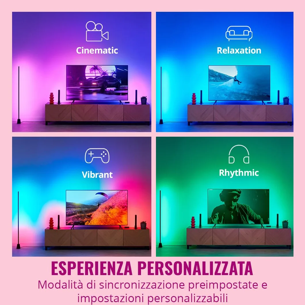 WiZ HDMI Sync Box con retroilluminazione TV, sincronizza la luce con film, giochi e musica, HDMI 2.0, Striscia LED RGBIC per TV da 75-85 pollici, controllo con App, compatibile con Google e Alexa