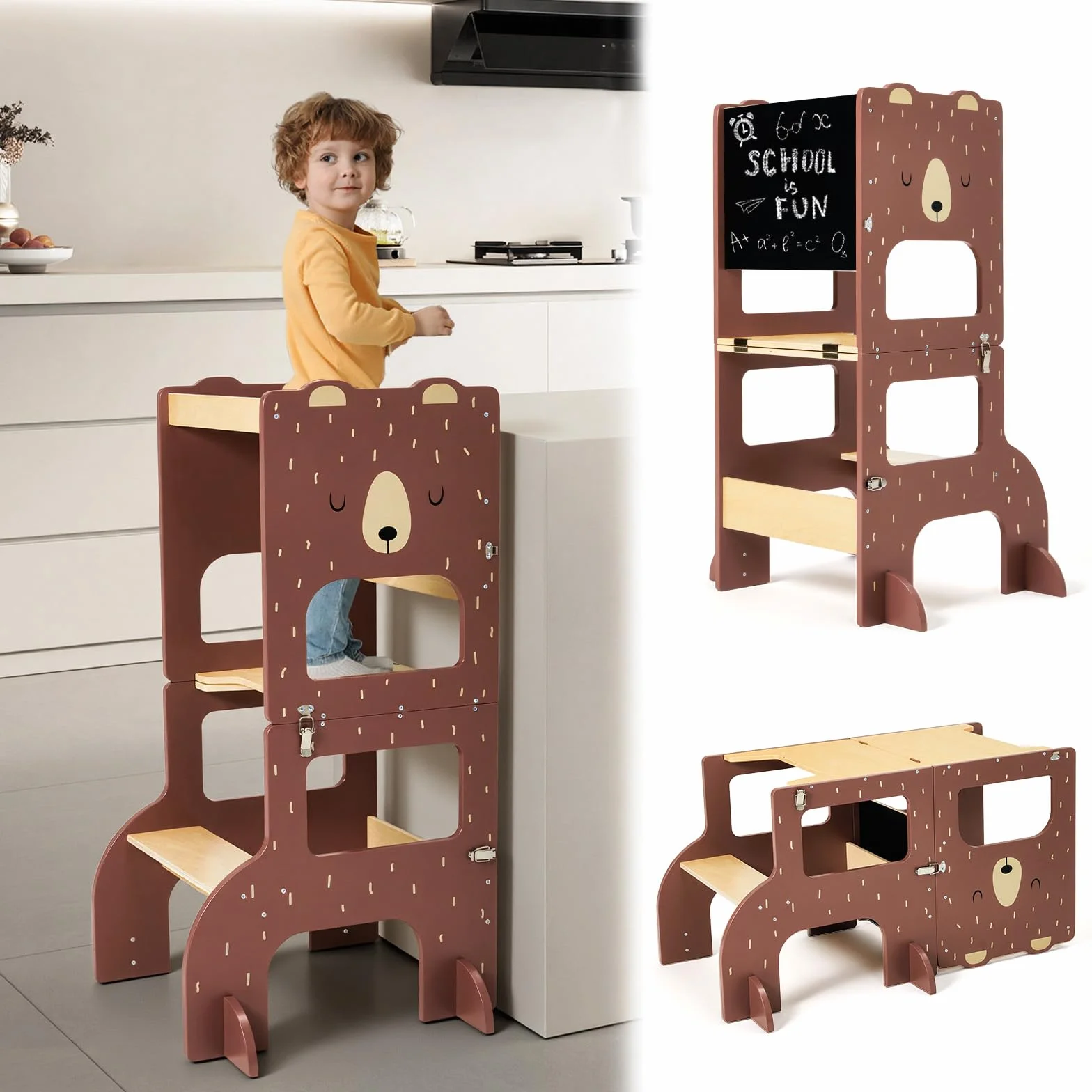 Labebe Torre Montessoriana Pieghevole in Legno Grandi Dimensioni 3 in 1 con Lavagna Orso Bruno