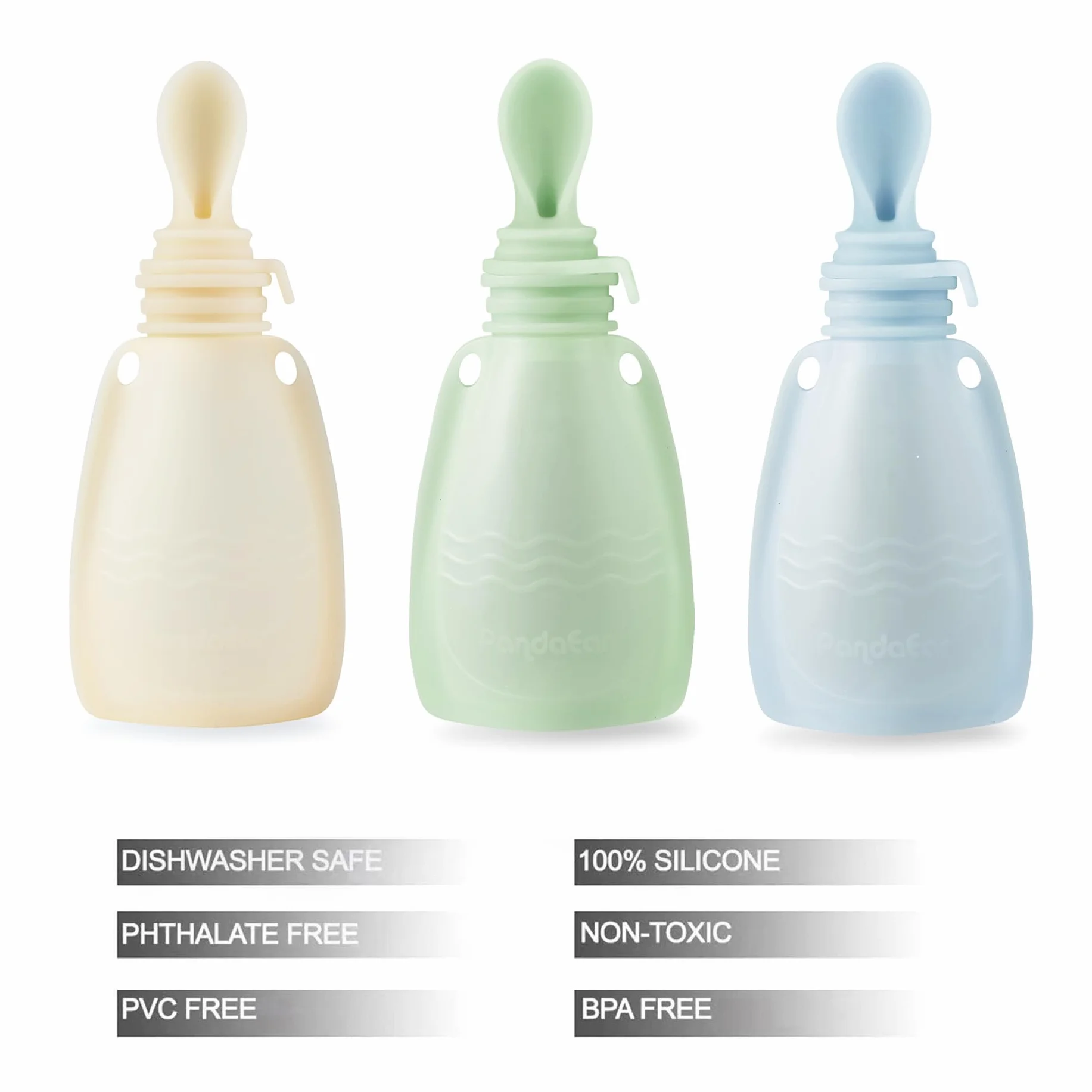 PandaEar Set di 3 Sacchetti Riutilizzabili in Silicone per Pappe per Neonati 150 ml Beige Blu Verde