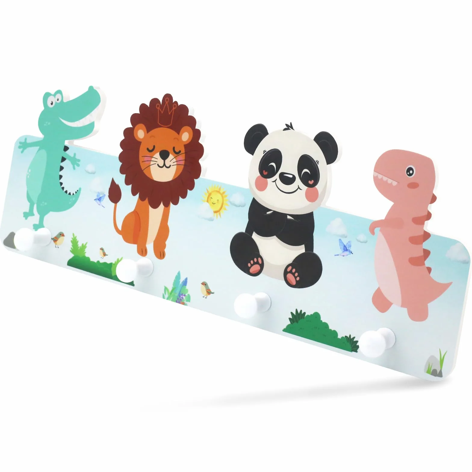 Liangding Appendiabiti da Parete per Bambini, 4 Gancio in Legno Animali e Dinosauri, 39x15x5cm
