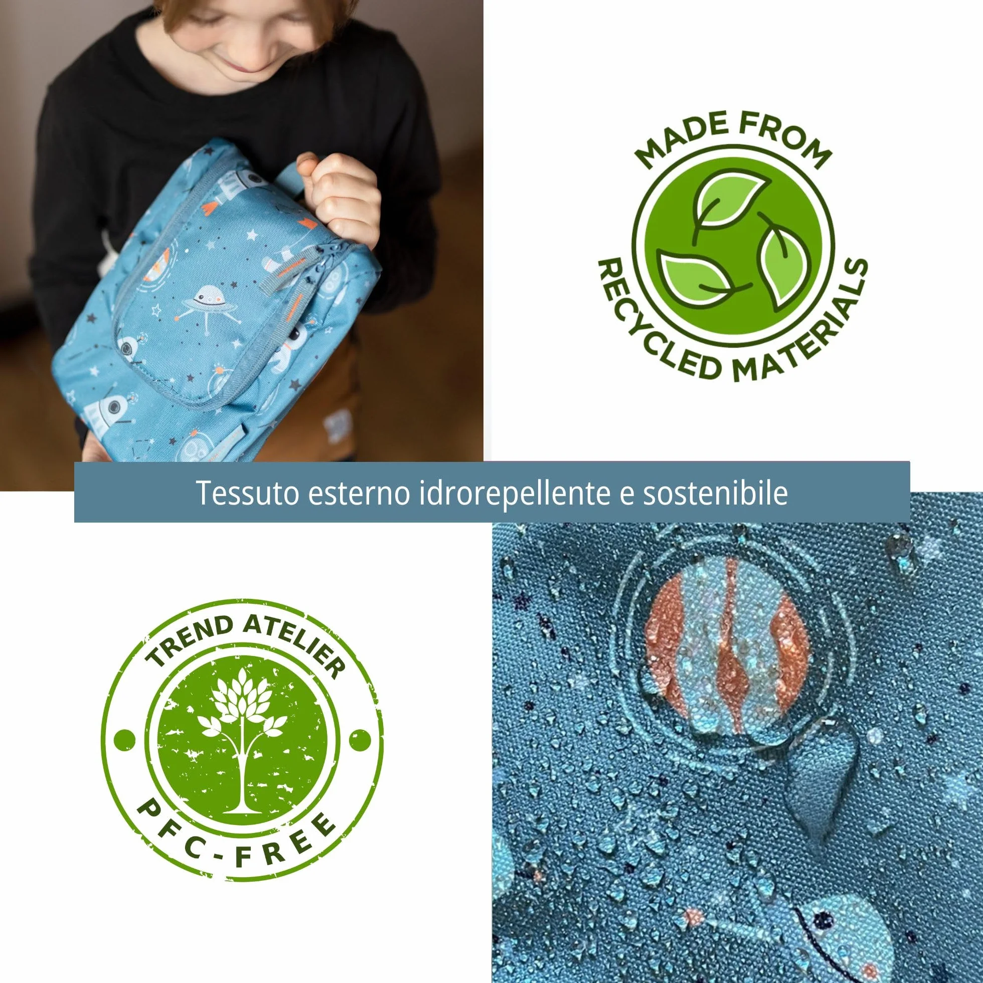 Beauty case bambini poliestere riciclato borsa da bagno sostenibile idrorepellente appendere Spazio Blu