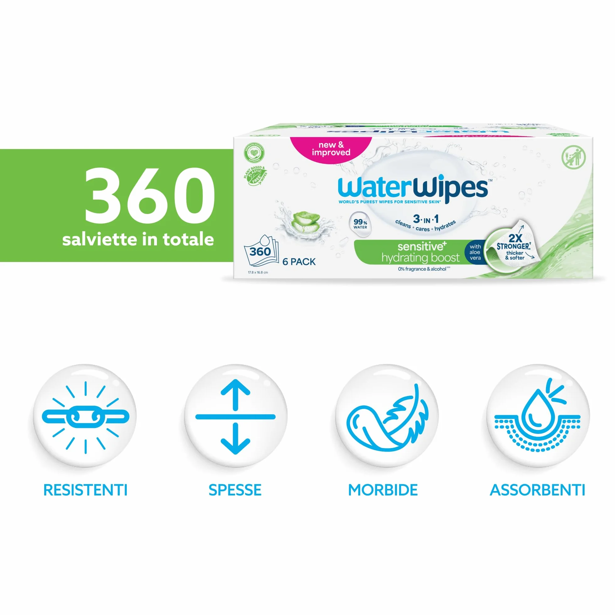 WaterWipes Salviettine Idratanti Sensitive+ Hydrating Boost Wipes 360 Pezzi 6 Confezioni 99% Acqua Aloe Vera