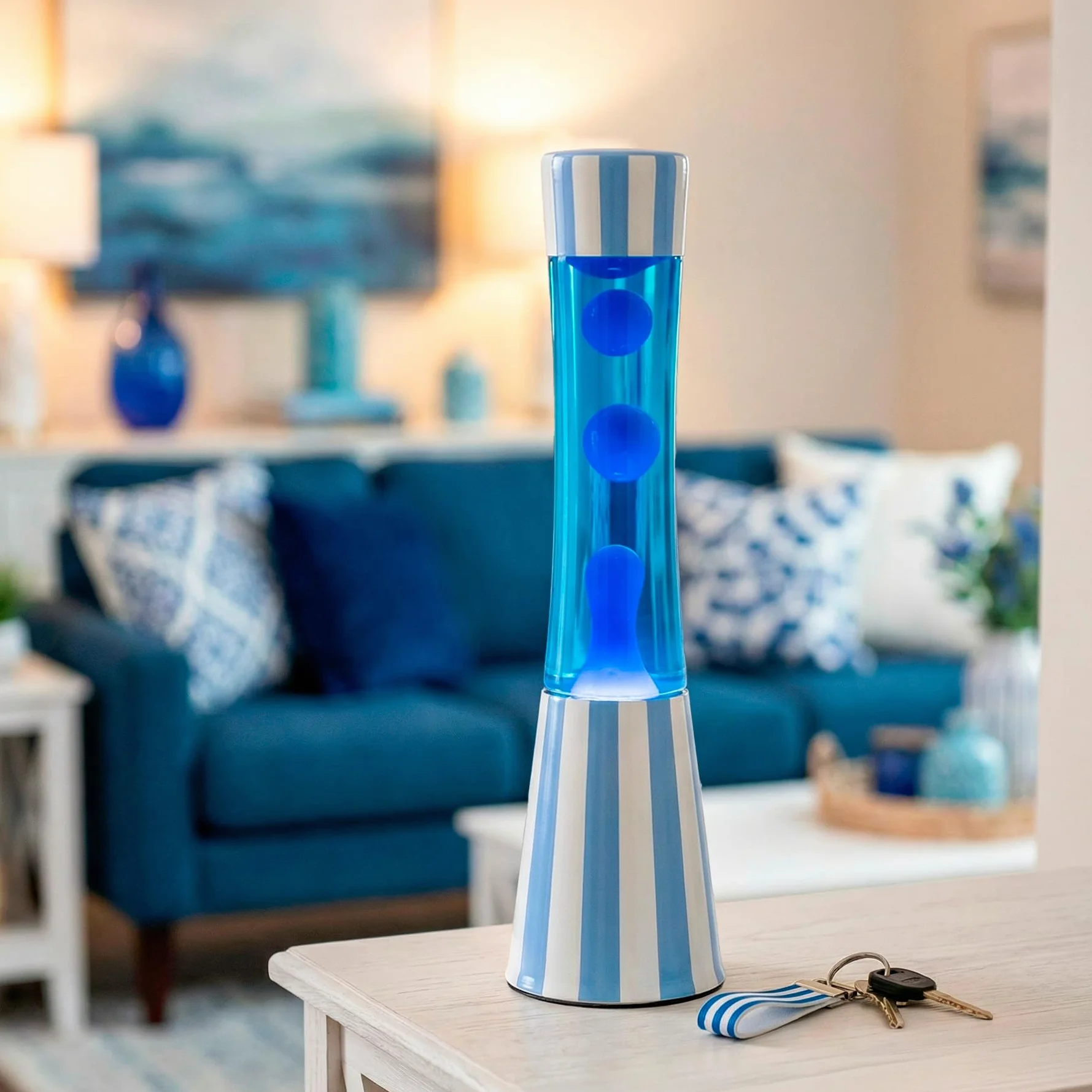 Fisura – Lampe à lave bleue. Lampe décorative relaxante au design original pour maison ou bureau, base à rayures, liquide et lave bleus, ampoule de rechange incluse, 11 x 11 x 39,5 cm