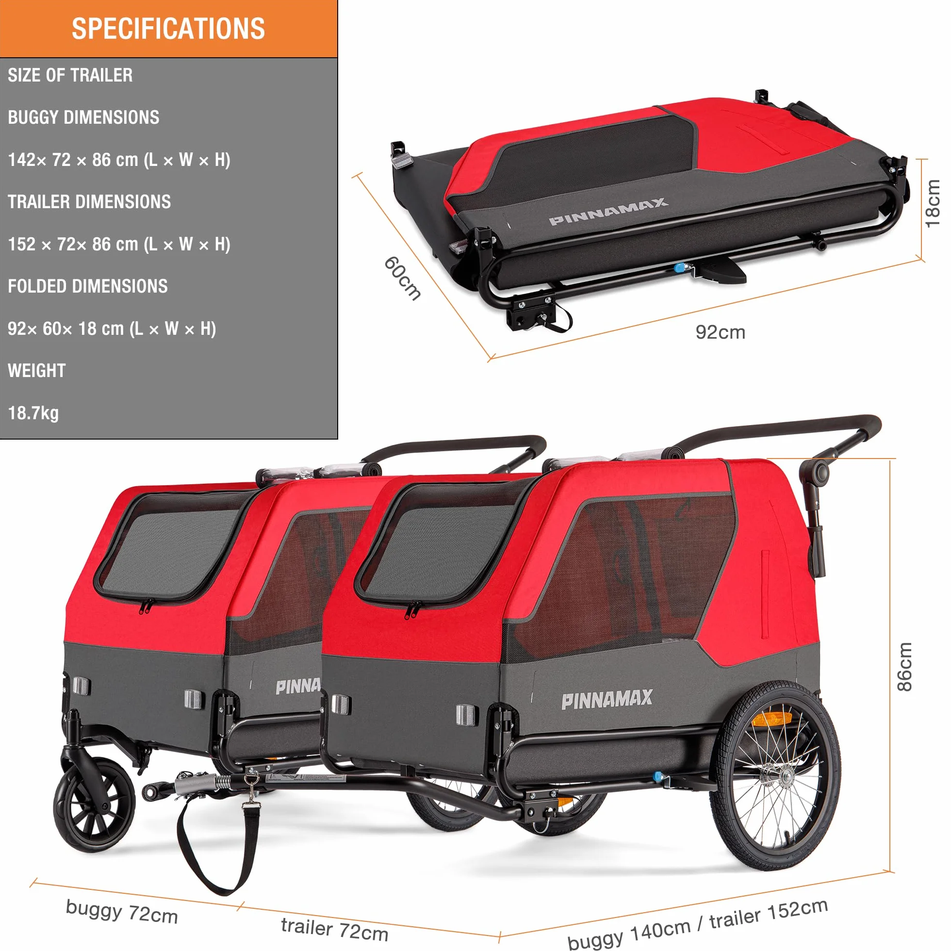 PINNAMAX Rimorchio per cani per biciclette 2 in 1, portata 45 kg, gancio universale