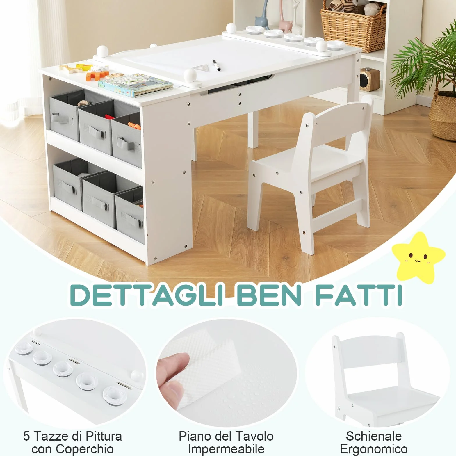 RELAX4LIFE Tavolo D'arte per Bambini con 2 Sedie, Legno, Piano Sollevabile, 6 Cassetti, 4 Tazze Pittura