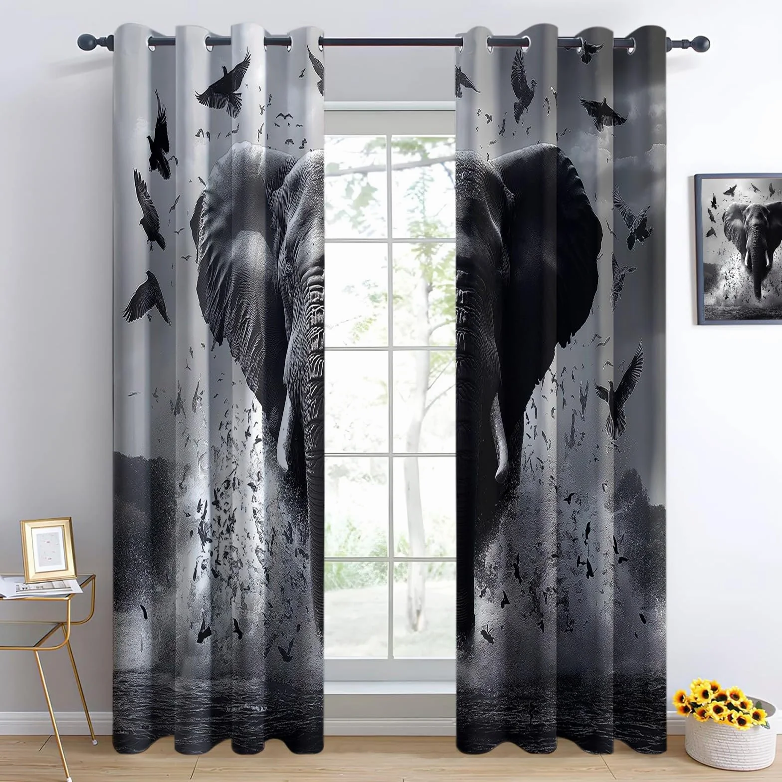 Zasłony Termiczne 140x260 cm Set 2 – Antirumore, Anti-Luce, Elefanti Uccelli, Szary