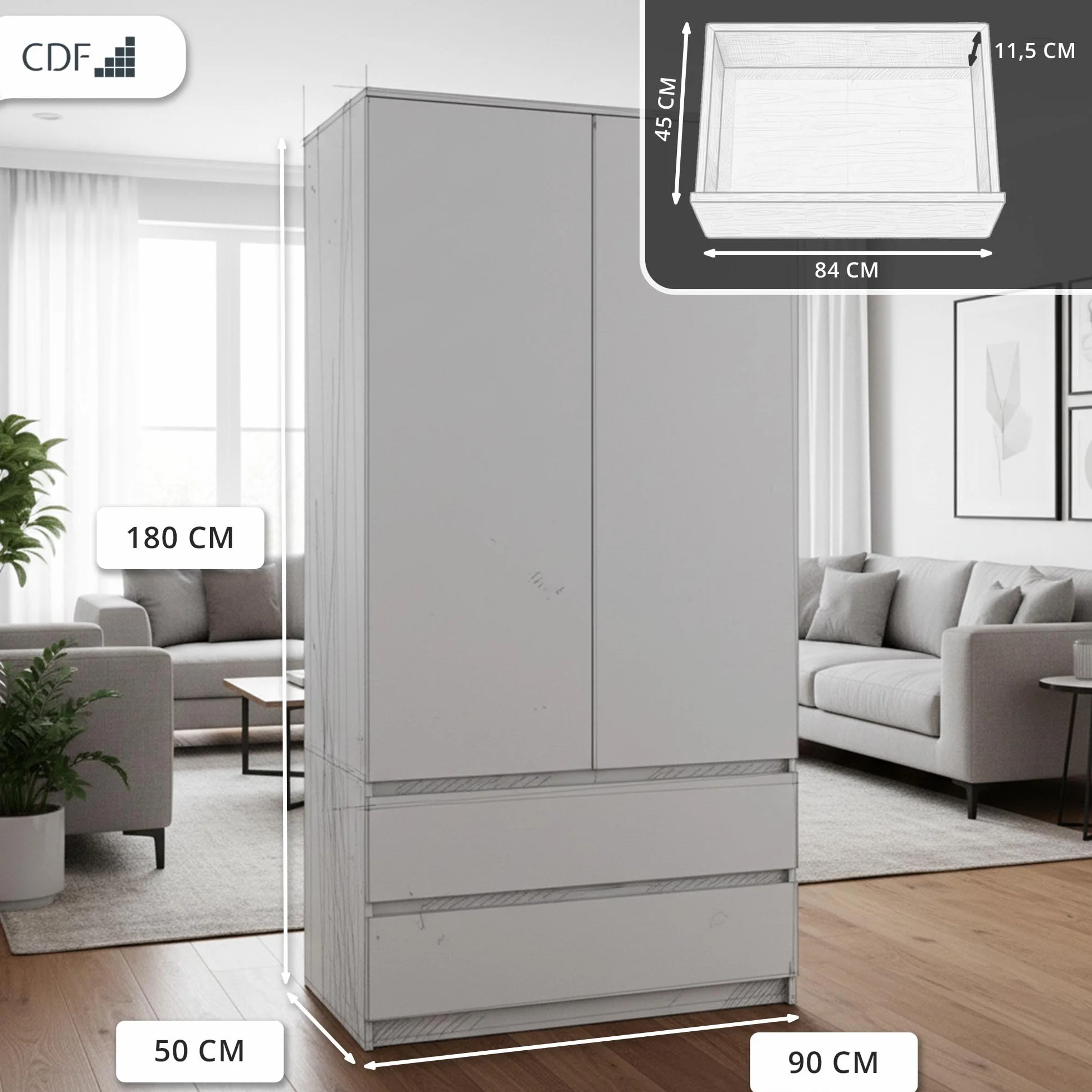 CDF Armadio Camera da Letto 90 cm 2 Ante 2 Cassetti Rovere Sonoma