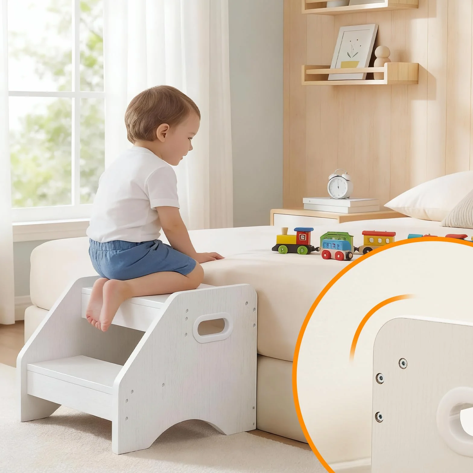 HOOBRO Scaletta a 2 Gradini Bambini in Legno, Sgabello con Maniglie Antiscivolo, Portata 30 kg, Bianco