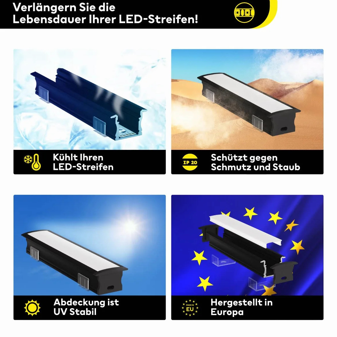 Profilo in alluminio a LED nero, 200 cm, profilo da incasso, copertura opale, per strisce LED da 12 mm, principale