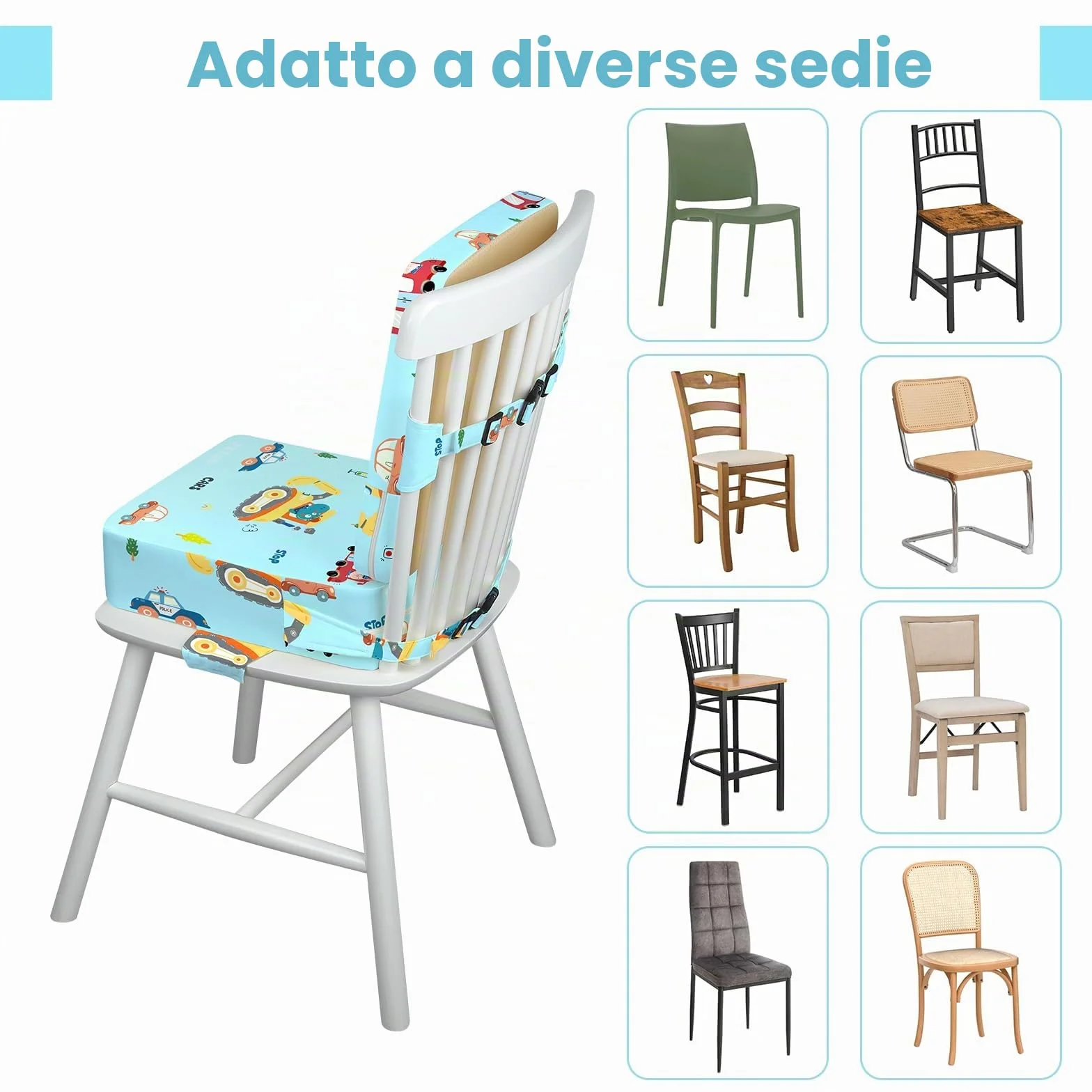 Rialzo Sedia per Bambini 2 Pezzi, PU Portatile Alzasedia da Tavolo, Cuscino Sedia con Cinghie Regolabili, 36x32x10cm, Escavatore