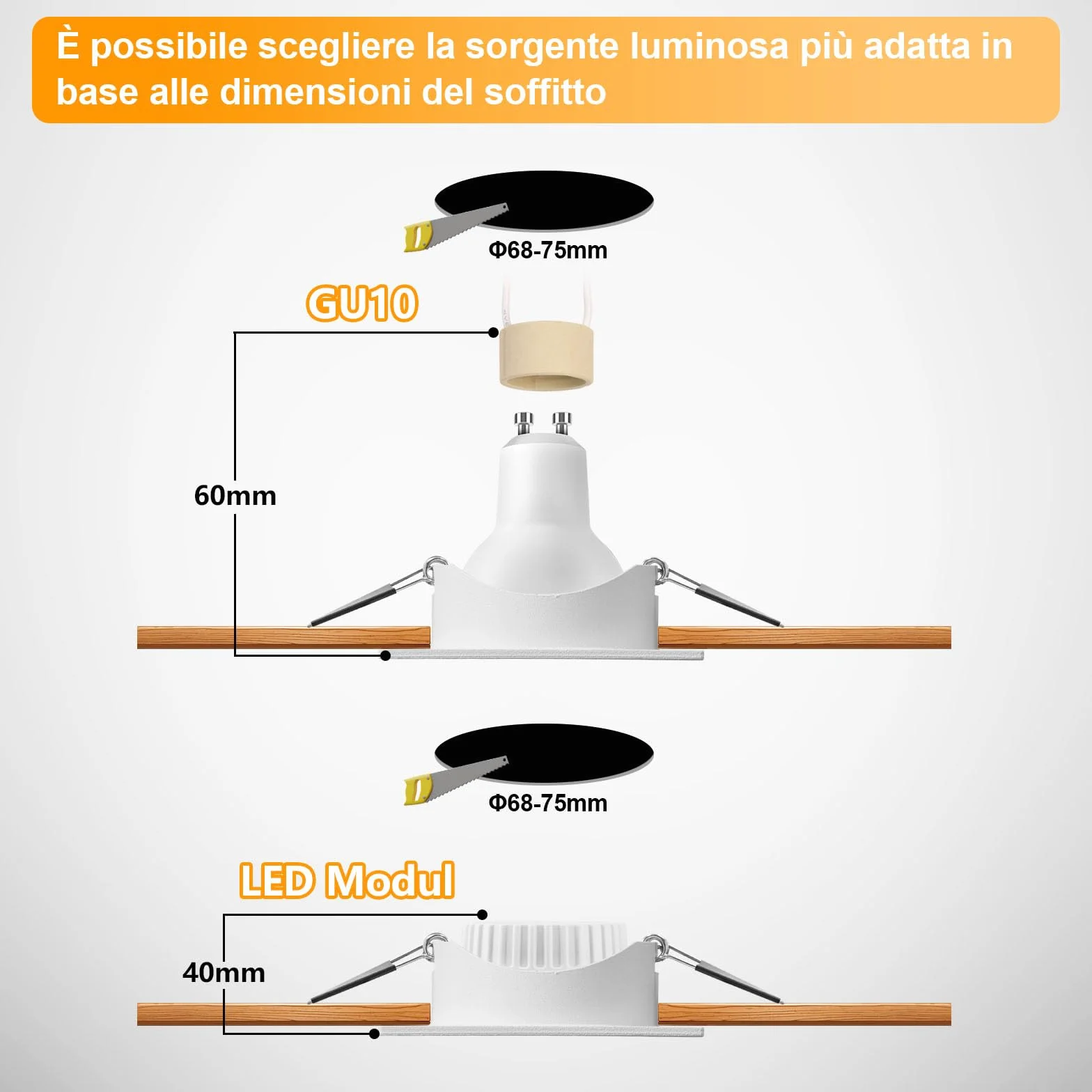 KYOTECH Cornice Faretto Incasso GU10 Orientabile Portafaretto da Incasso Bianco,Per GU10, alogeno e MR16, Faretti led da incasso per cartongesso incl. portalampada,Set da 6 (Quadrata)