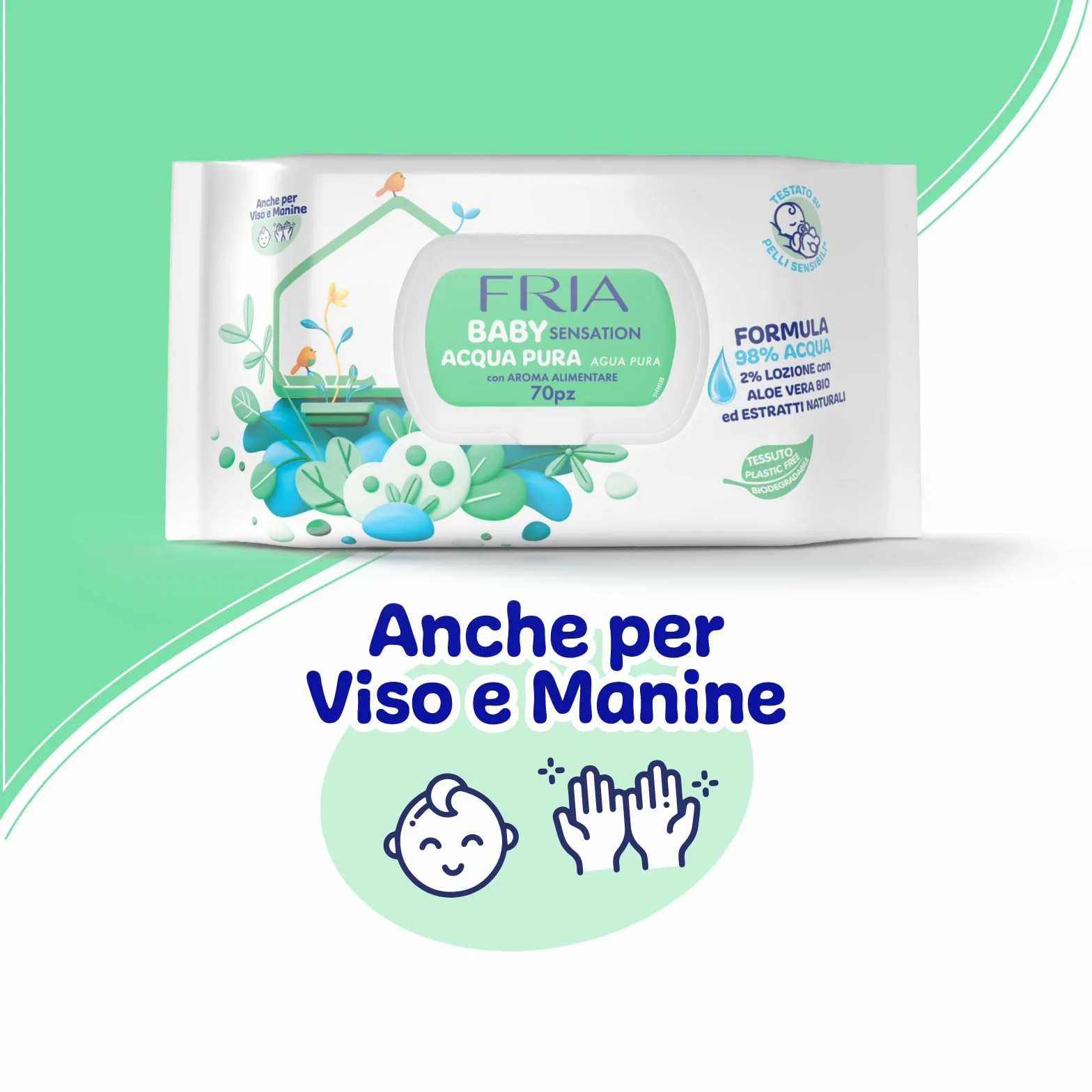 Fria Baby Sensation Acqua Pura Salviette per Cambio Pannolino, 98% Acqua Purificata, 70 Salviette