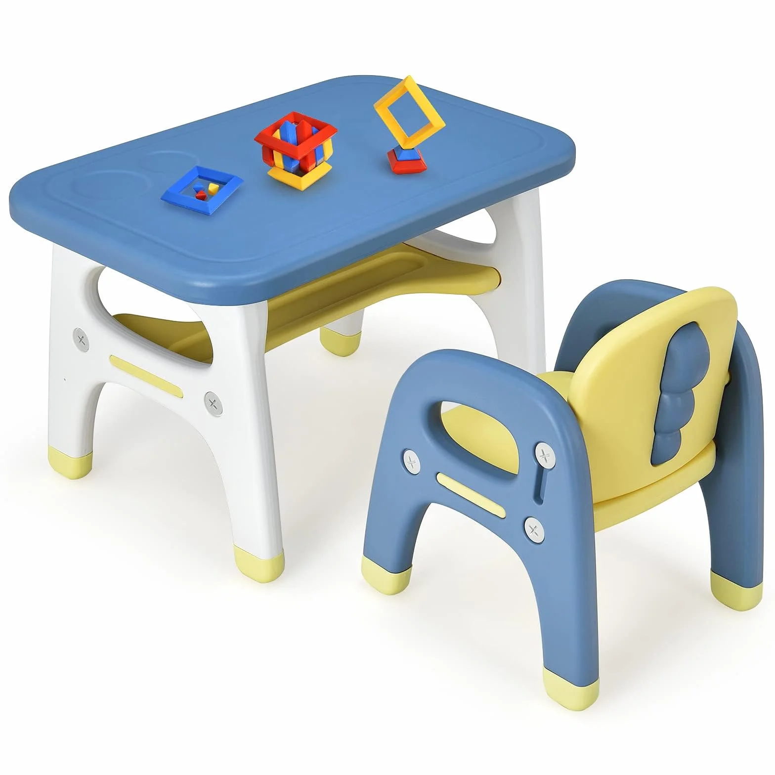 RELAX4LIFE Set Tavolo e Sedia per Bambini, Sedia a Forma di Dinosauro, Inclusi 3 Set di Costruzioni, Carico 30 kg (Blu)