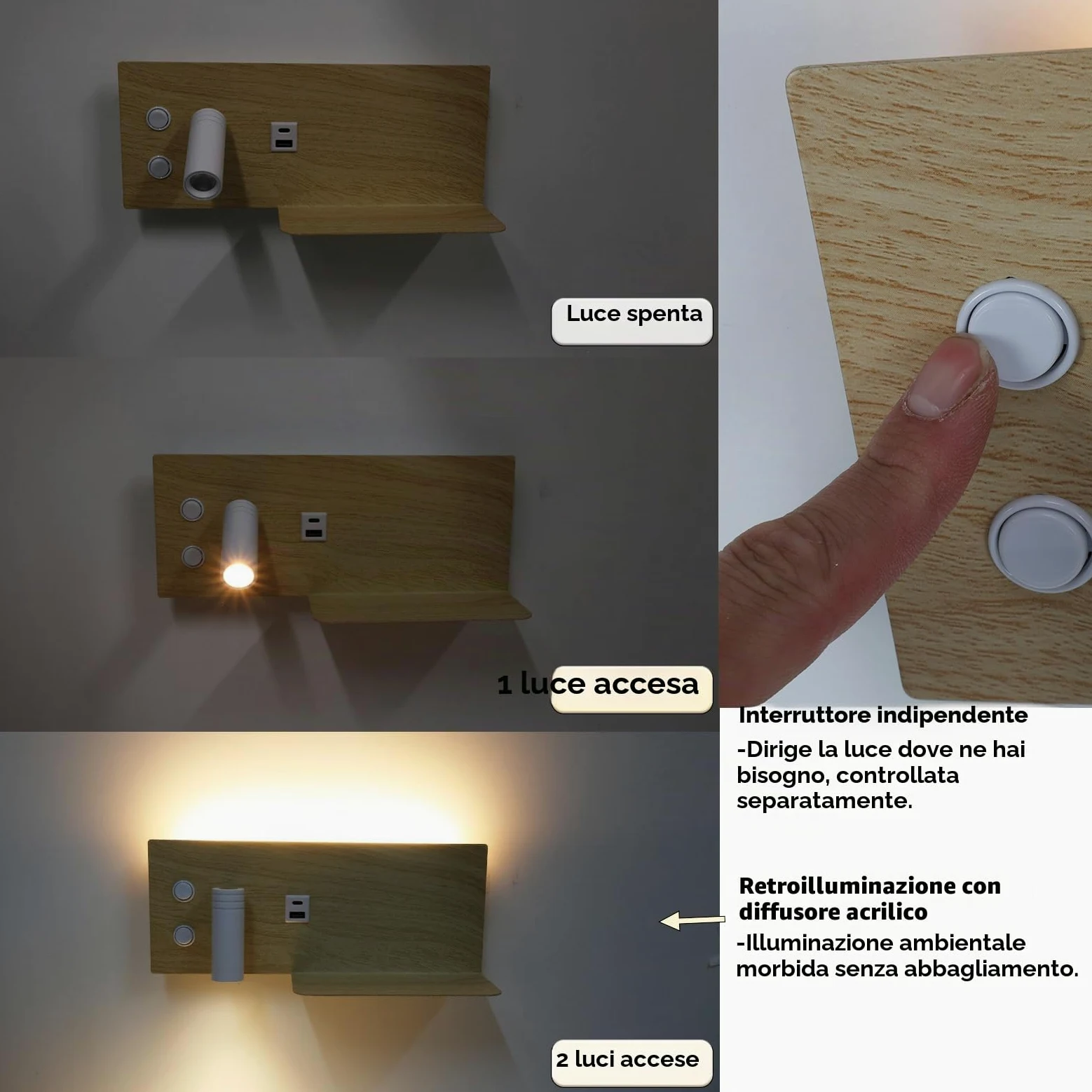 Alpinaluz Applique LED da Parete con Luce di Lettura Orientabile e Luce Ambientale 2700K, Interruttore Doppio, Doppia Porta di Ricarica USB, Mensola, Metallo con Effetto Legno
