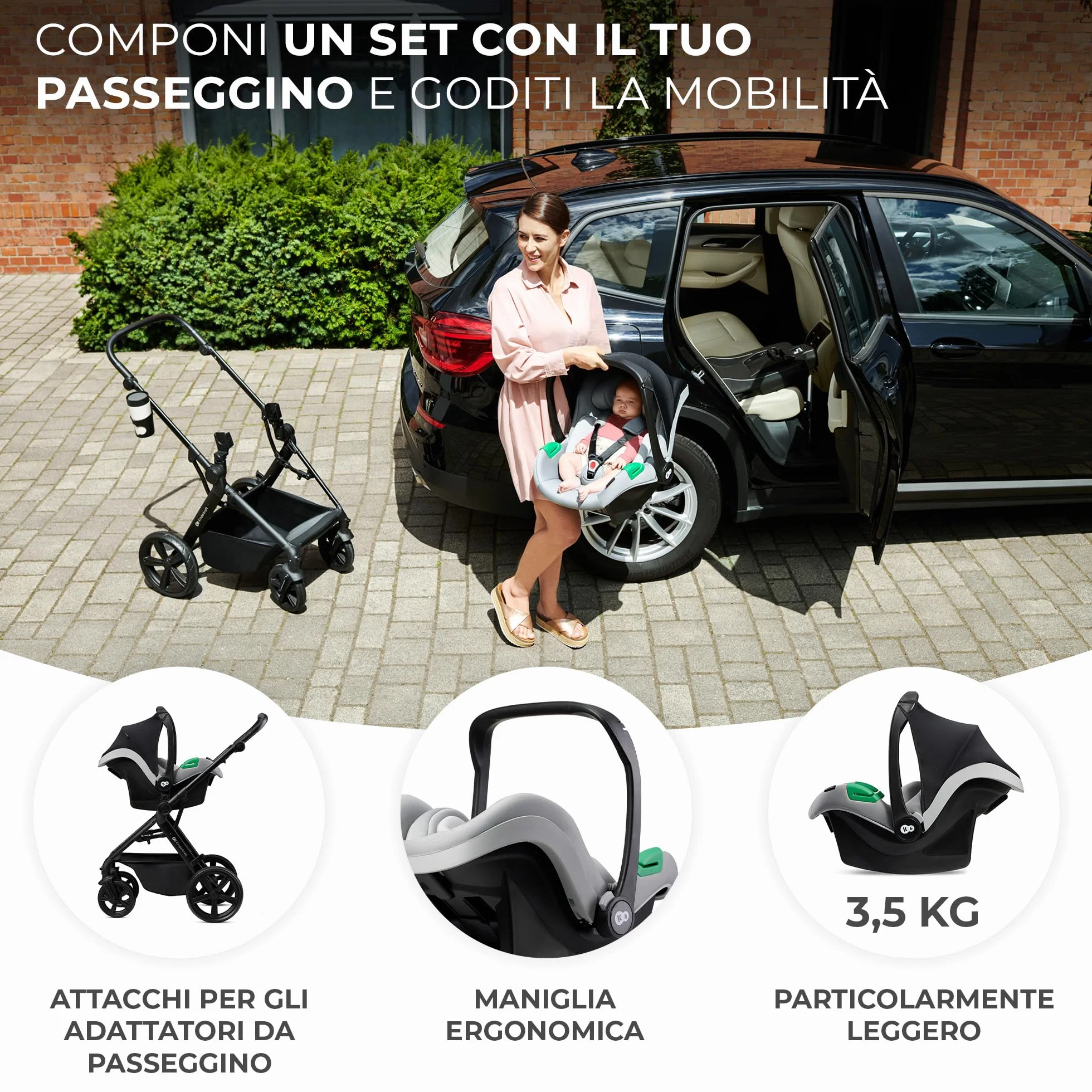Kinderkraft 4 in 1 Trio Passeggino Neonati con Ovetto I-SIZE 40-75 cm, Base ISOFIX, Travel System, UPF50+, Grigio