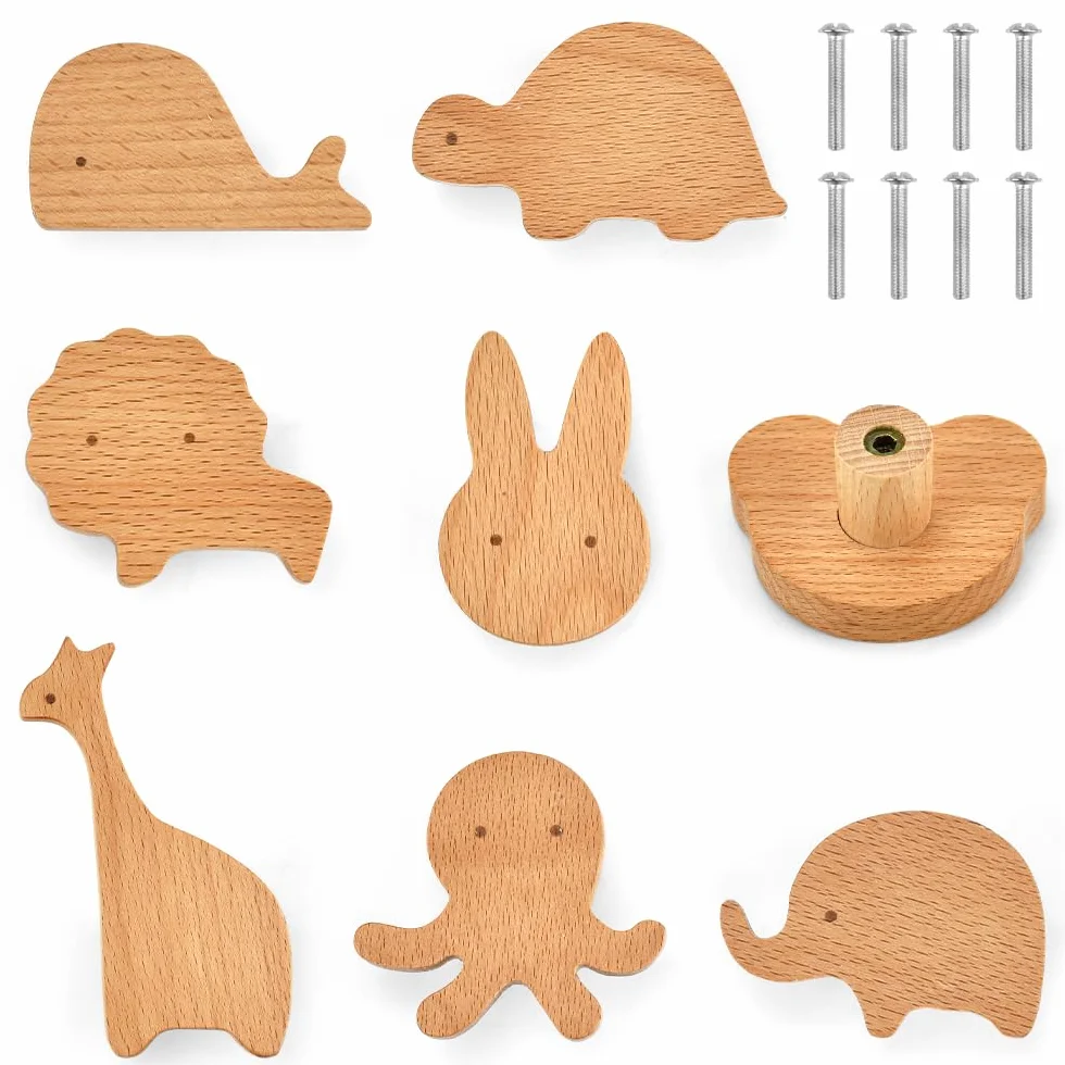 Pomelli per Mobili Bambini Maniglie Armadio Orso Leone Coniglio 8 pz Legno Viti