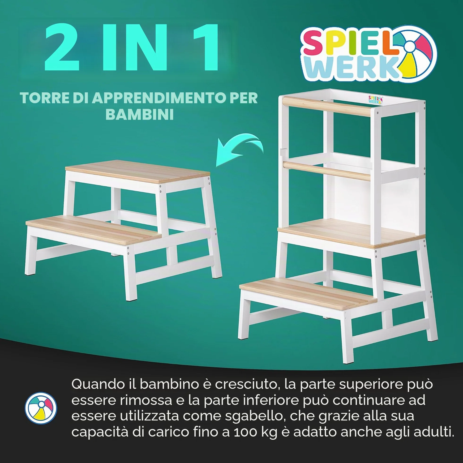 Spielwerk Torre Montessoriana Learning Tower in Legno 50x51x93 cm per Bambini da 2 Anni