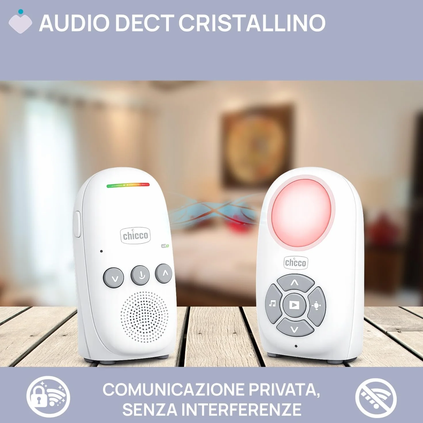Chicco Audio Baby Monitor Digitale DECT, Komunikacja Dwukierunkowa, 5 Kołysanek, Tryb VOX, Zasięg Daleki