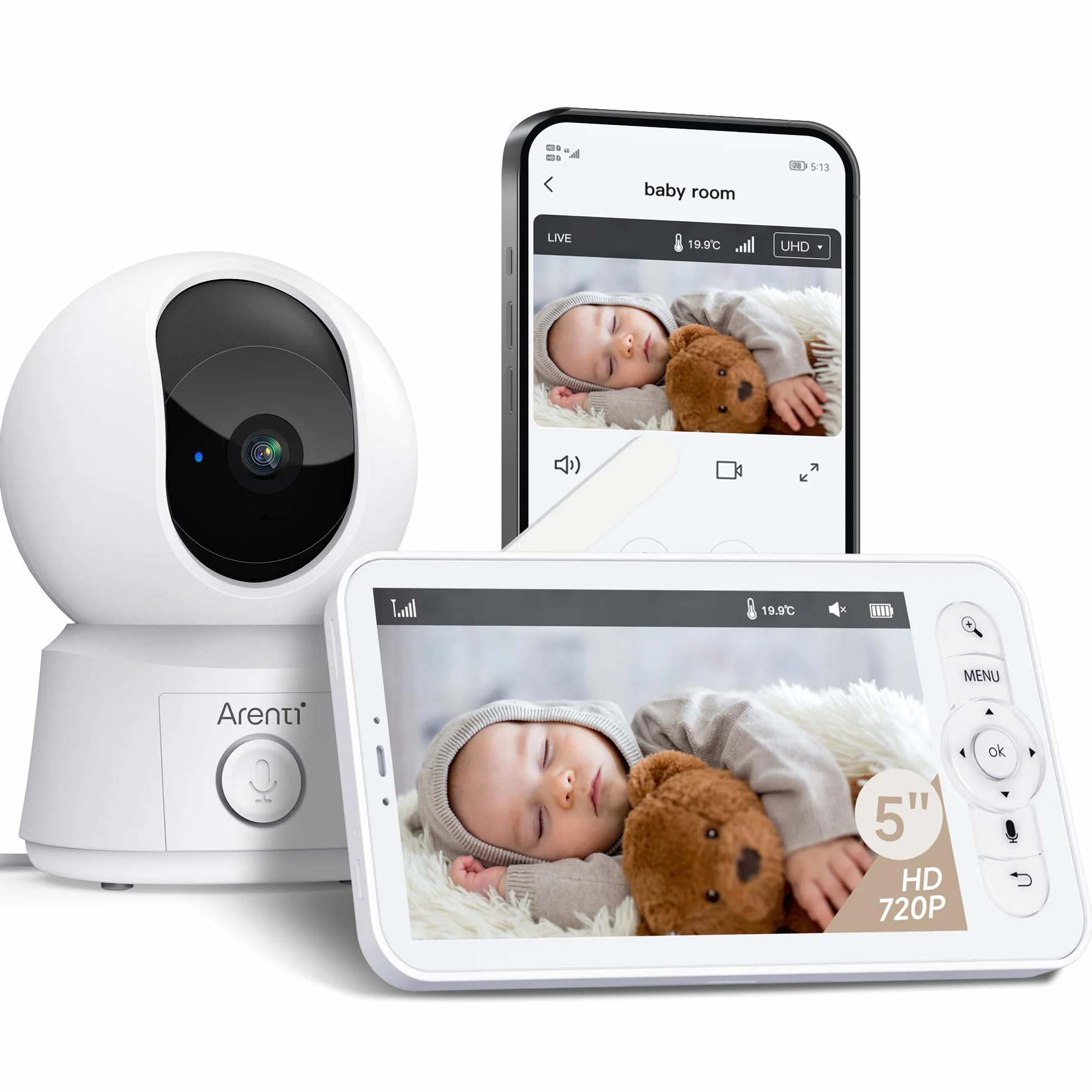 ARENTI Monitor Neonato con Videocamera Wifi 5" 360° PTZ 3350mAh Visione Notturna VOX Rilevamento Temperatura