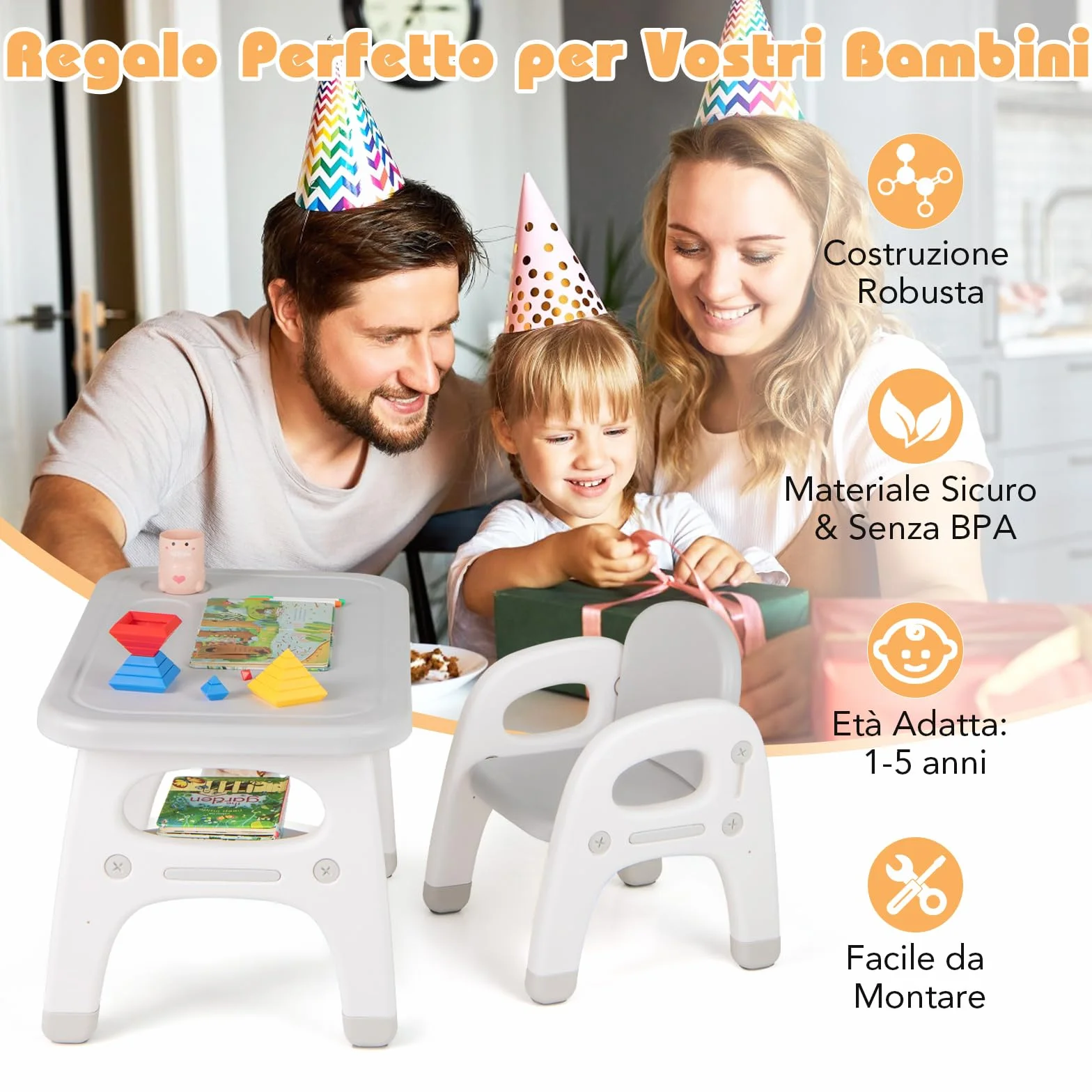 COSTWAY Tavolo e Sedia per Bambini Dinosauro Set Scrivania Attività Artistiche Studio 1-5 Anni Grigio