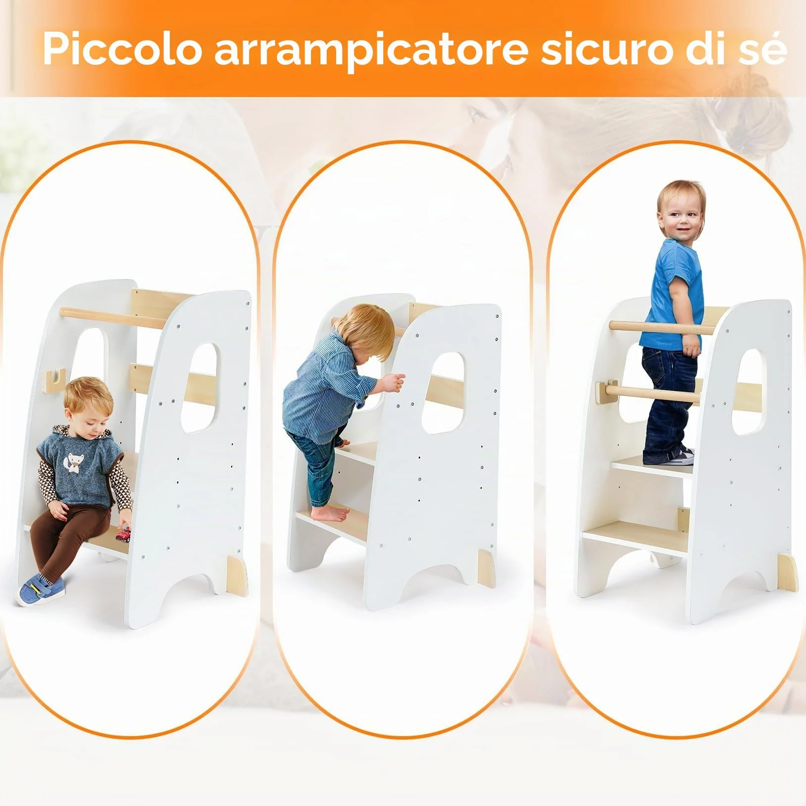 Torre Montessoriana Learning Tower Sicura Altezze Regolabili Doppia Barra Protezione Antiscivolo Anti-Ribaltamento Bianco