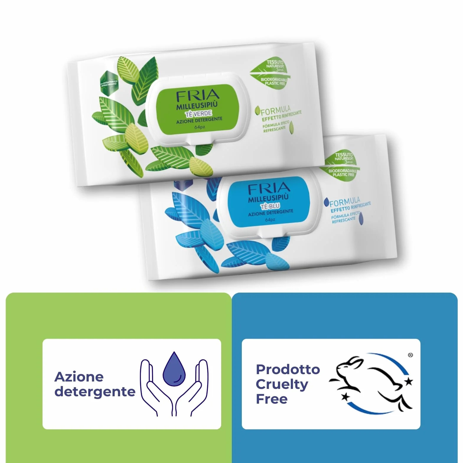 MilleusiPiù Tè Verde & Tè Blu Salviette Multiuso Rinfrescanti Antibatterico Tessuto Fibrasoft 3 Strati Biodegradabile 64 Salviette