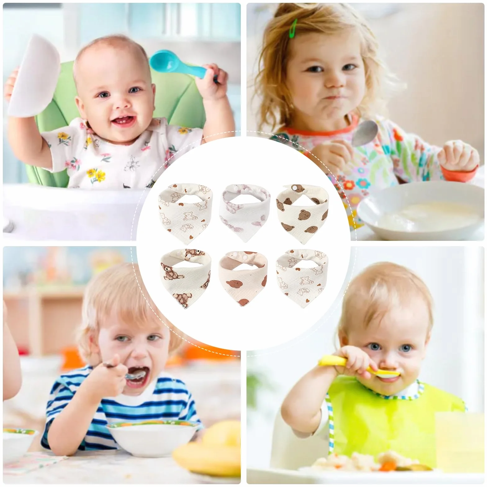 Bibs for Drooling and Teething, 6-Piece Soft Absorbent Burp Towels, Adjustable Newborns Feeding Cloths