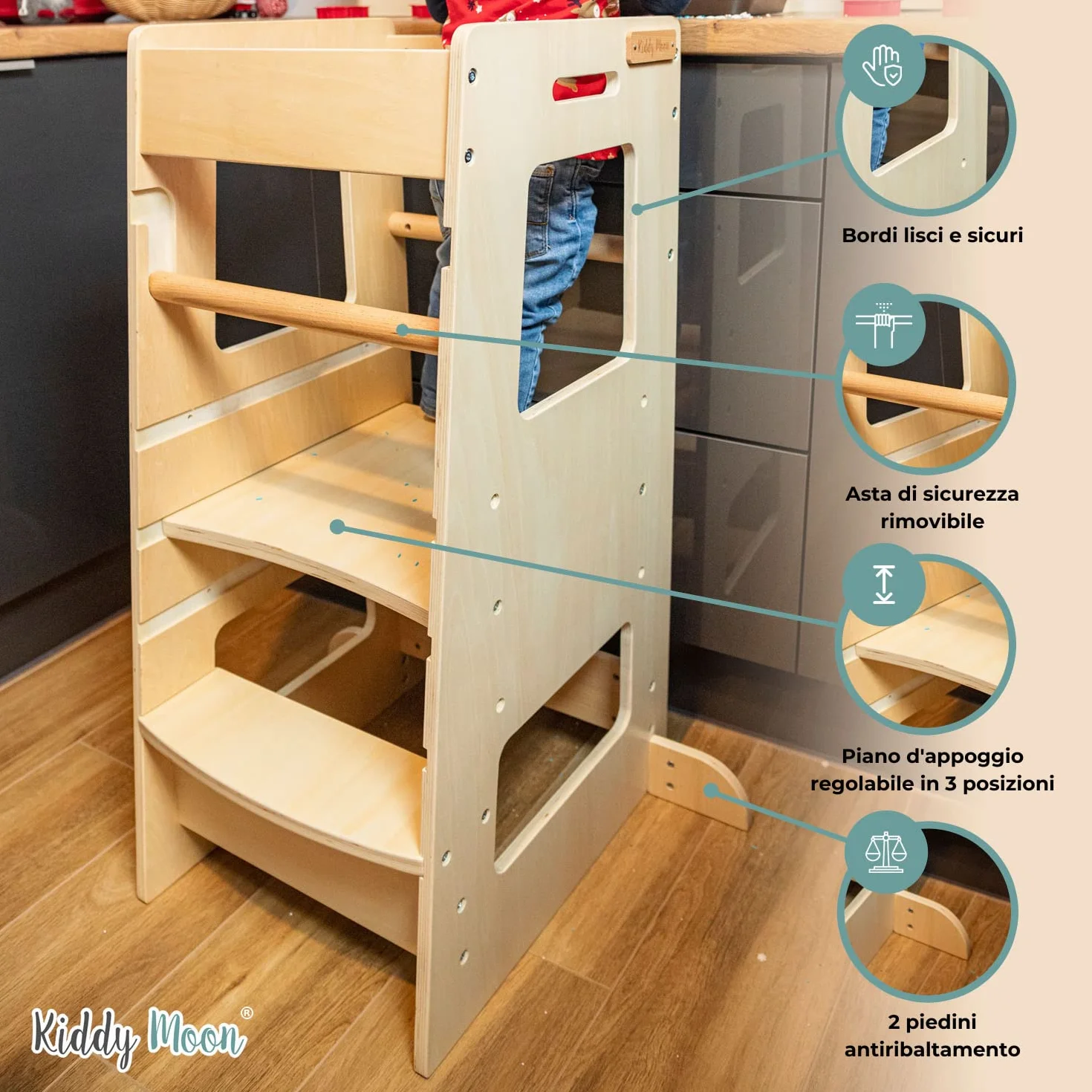 KiddyMoon Torre Montessori Bambini, Learning Tower Cucina, Pedana Regolabile 3 Altezze, Bianco