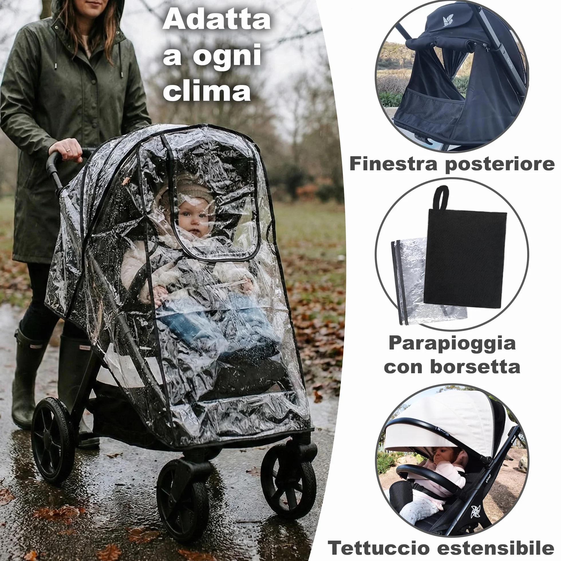 Passeggino Leggero 25 kg Portata, Pieghevole ad una Mano, Seduta Ampia, Ruote Grandi Ammortizzate, Cappottina XXL e Parapioggia Nero