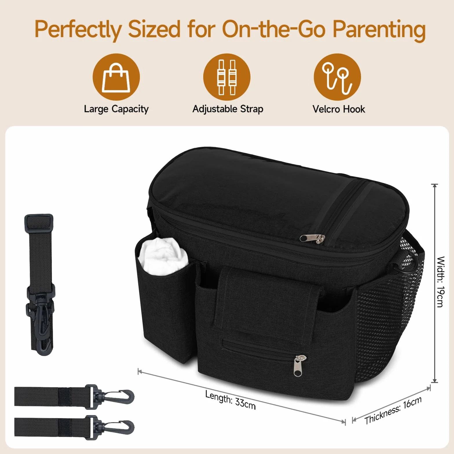 HOTUT Borsa Passeggino Organizer con Tasca Telefono Touch Screen, Multifunzione Borsa Cambio Neonato Tracolla Regolabile per Pannolini Salviette Biberon