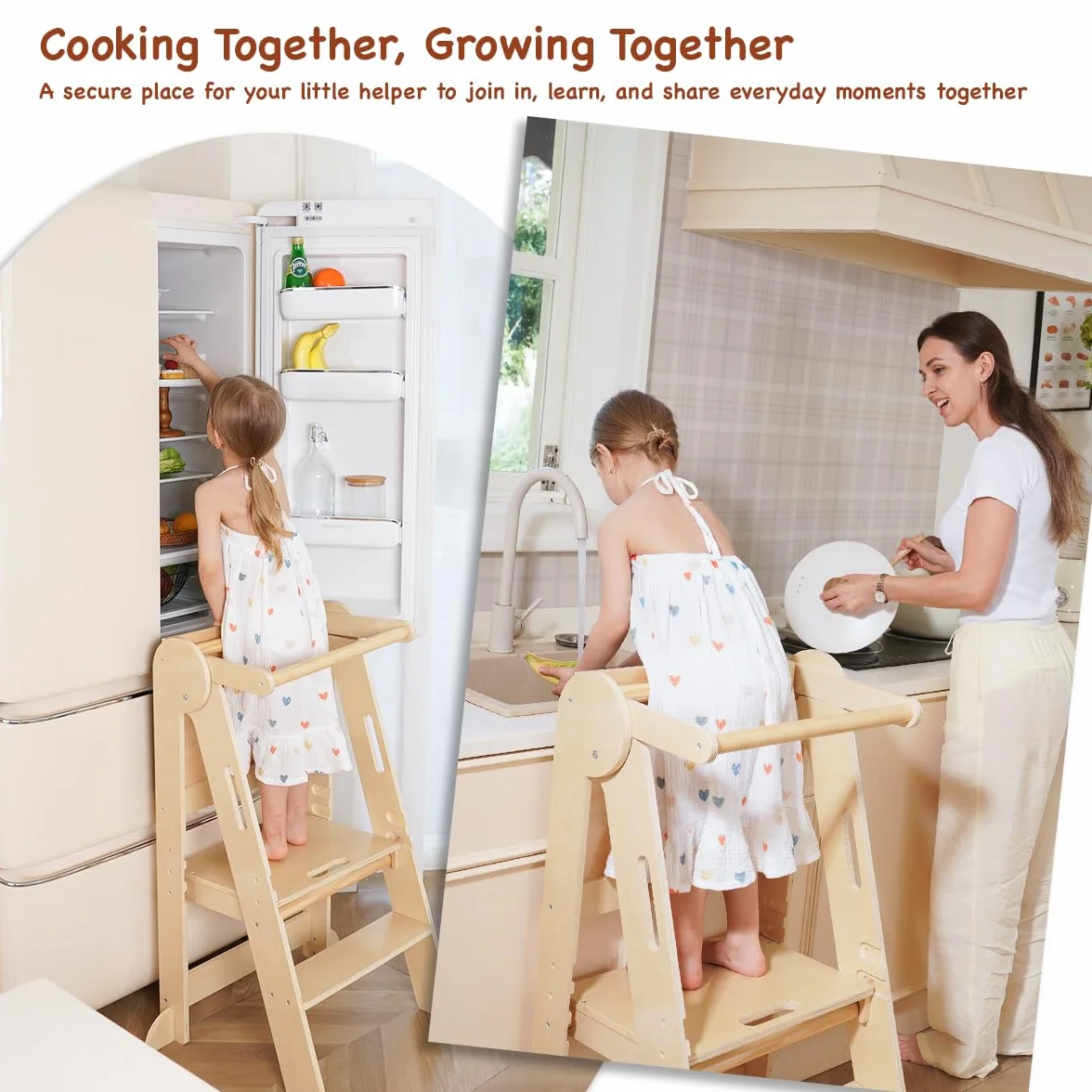 Torre Montessoriana Pieghevole per Bambini, Sgabello Aiutante da Cucina in Legno con Lavagna Integrata, Learning Tower con Barra di Sicurezza