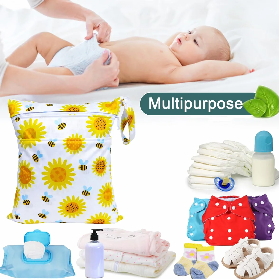 Borsa Pannolini Riutilizzabile Impermeabile 2Pcs Wetbag con Doppia Cerniera Girasole