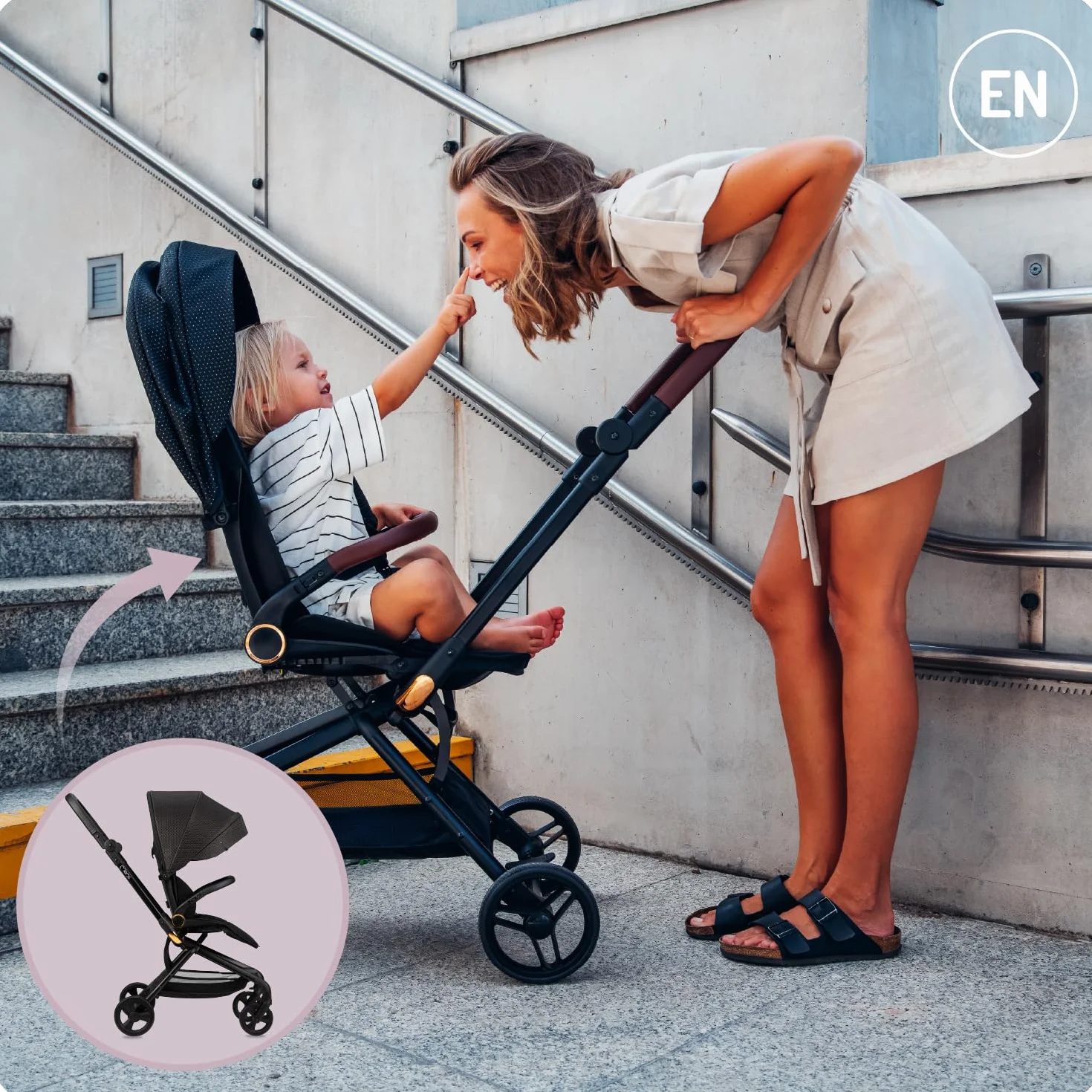 MoMi ADELLE Passeggino Leggero Reversibile Pieghevole da Viaggio Fino a 22 kg Fronte Mamma Schienale Regolabile