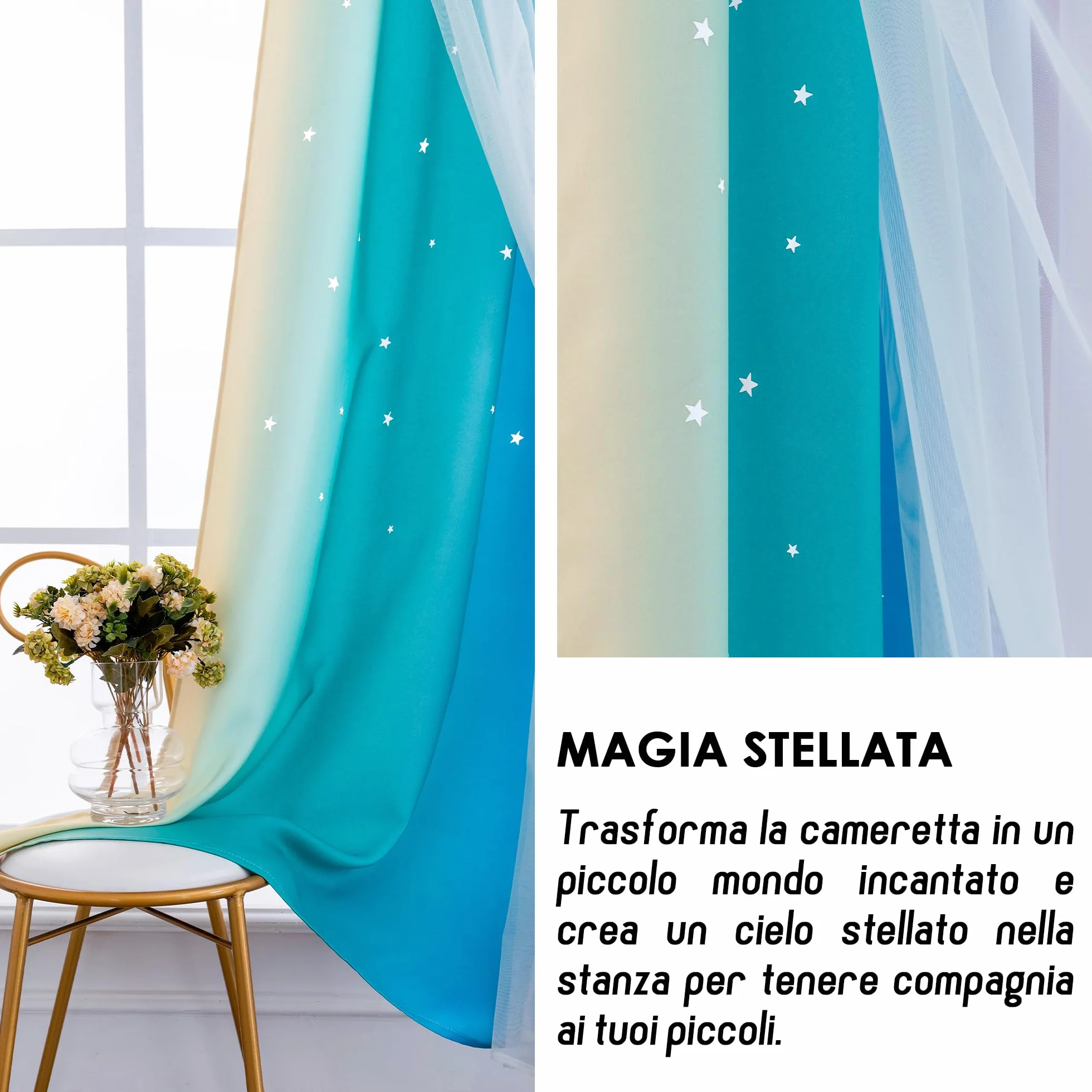 Tende Doppio Velo Oscuranti Morbide Fantasia Stelle Vuote Isolante per Camera Bambini 2 Pannelli 140x285cm Arcobaleno Freddo
