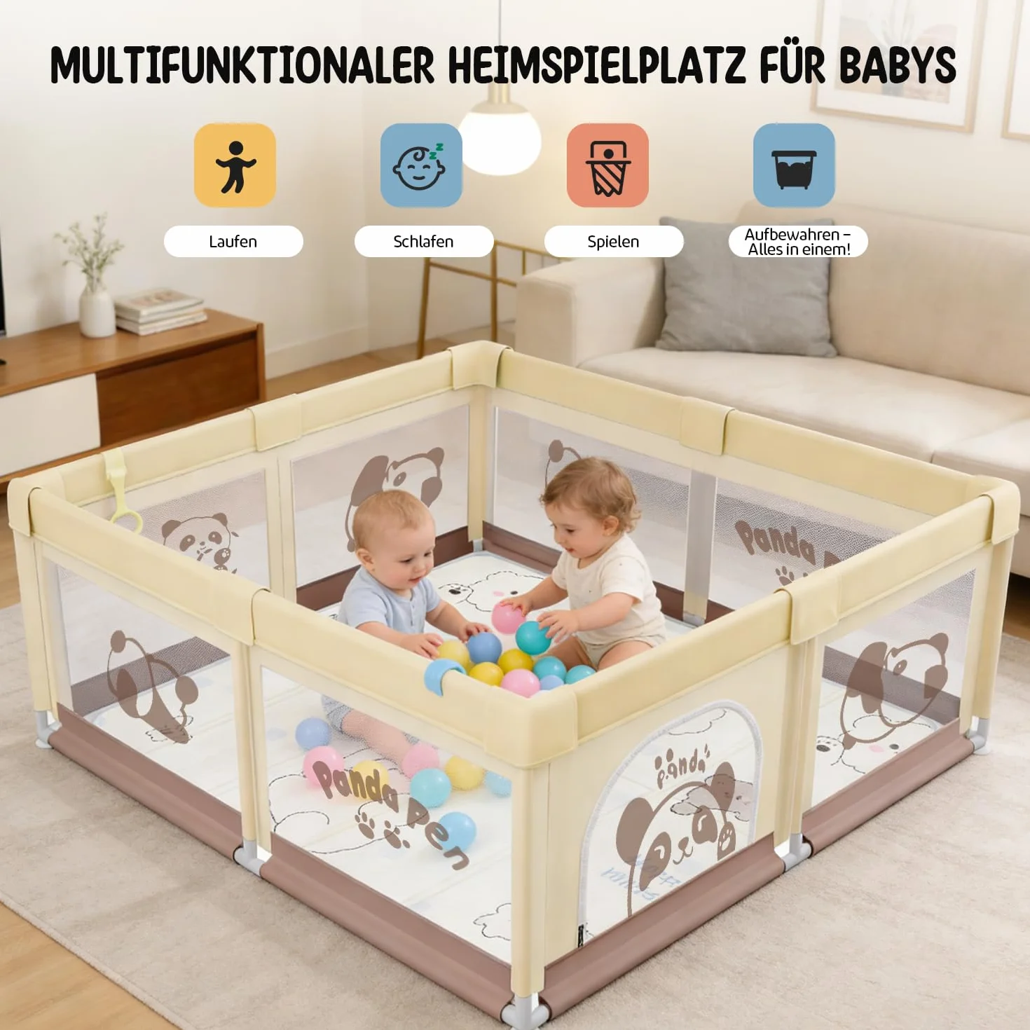 Box Bambini 120x120 con Tappeto, Panda Beige, Tessuto Oxford, Sicurezza Antiscivolo