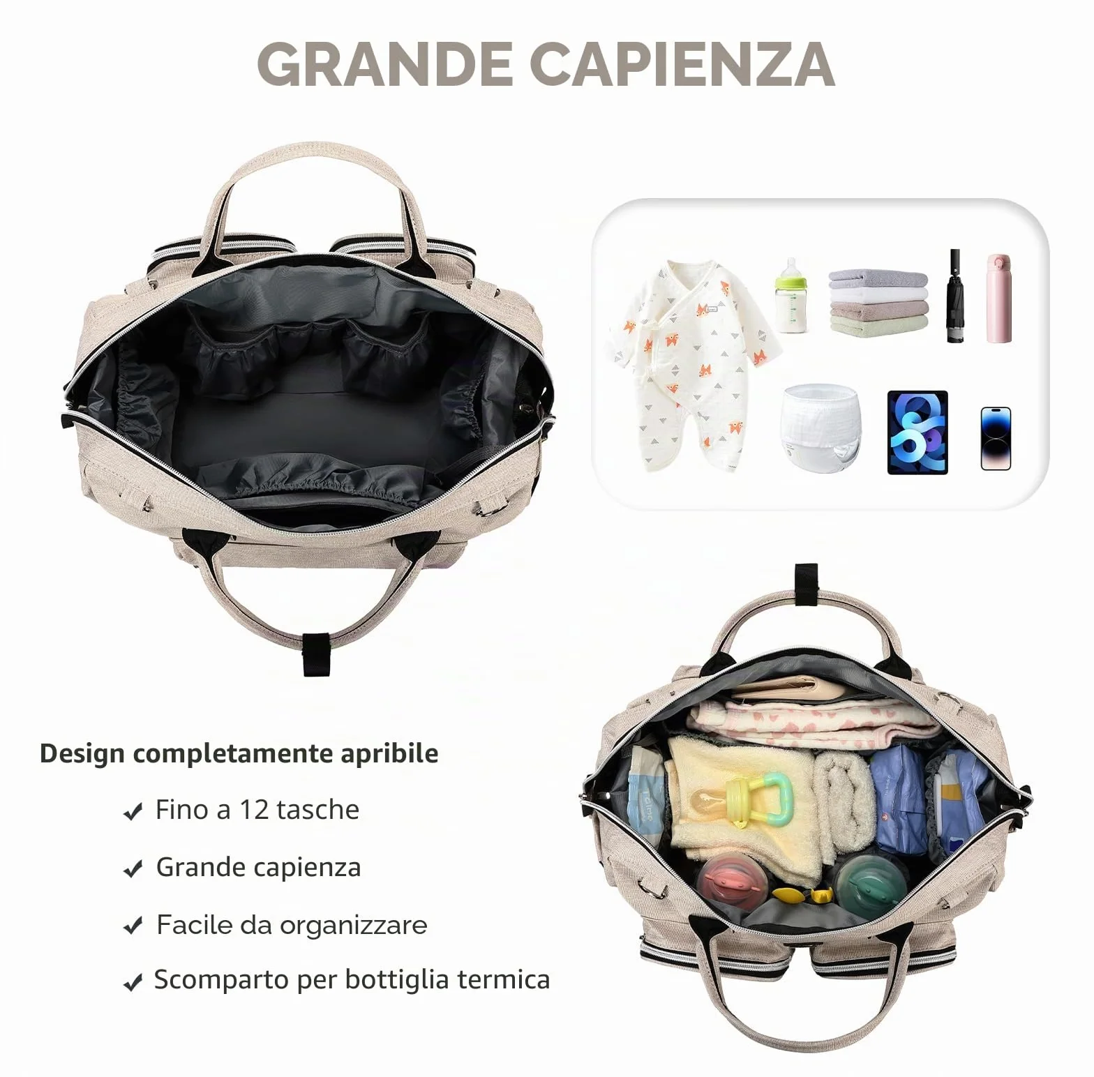 Borsa a Tracolla per Pannolini Grande Capacità Oxford Impermeabile, 2 Ganci per Passeggino, Fasciatoio