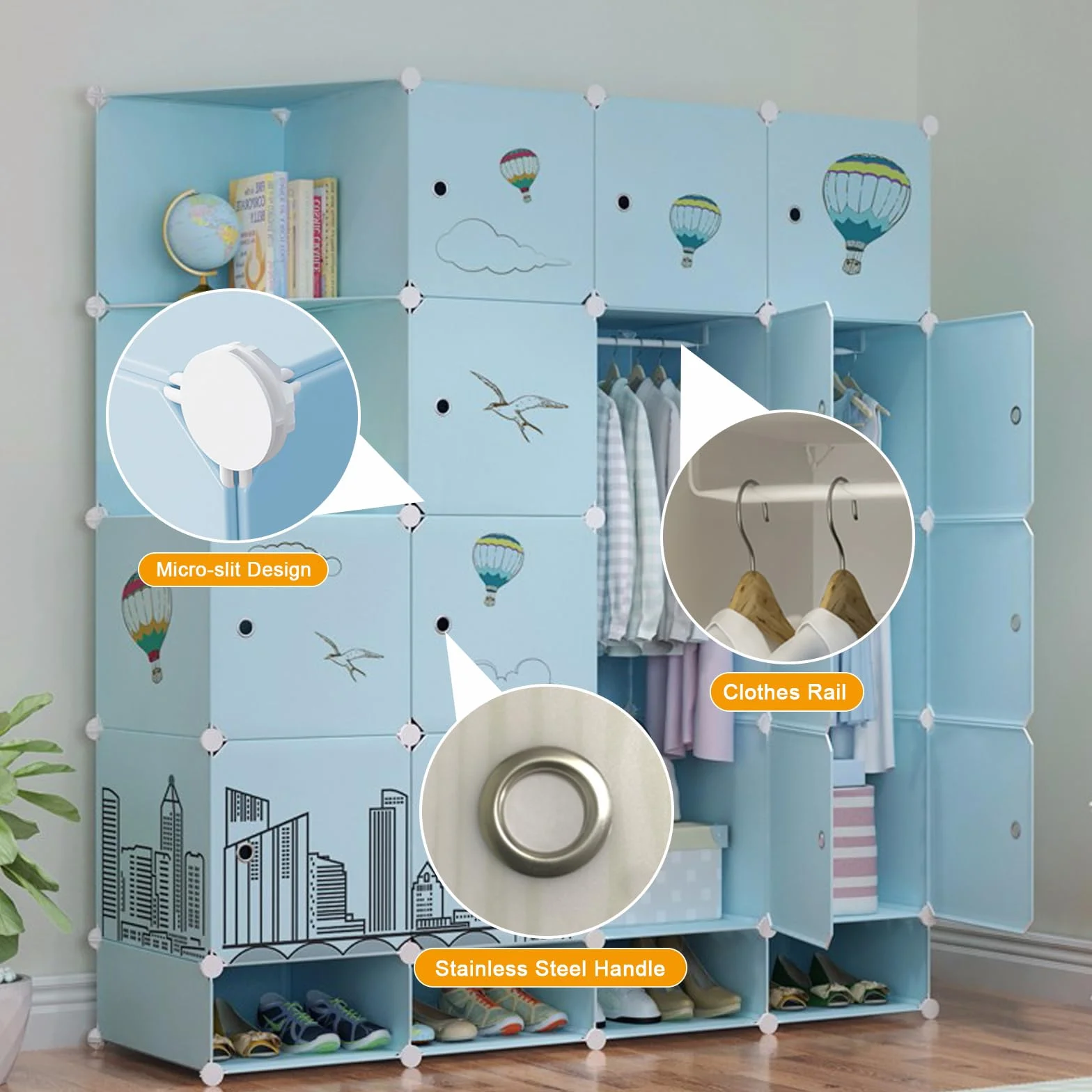 Armadio Bambini Modulare con Sezioni Appendiabiti e Ante in Plastica per Camera Dei Bambini