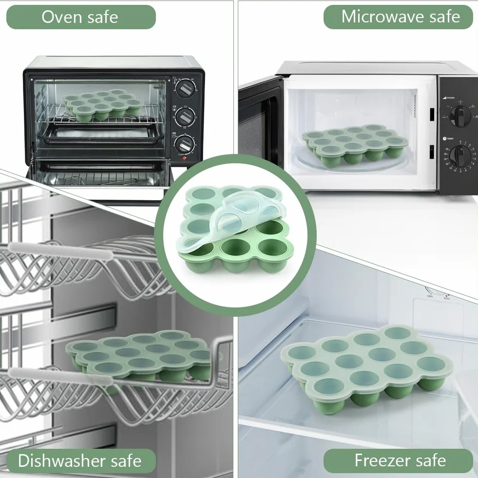 Aolso Contenitore in Silicone 12 Scomparti 45ml Stampi Pappa Freezer Senza BPA Vassoio Alimenti Coperchio Rimovibile Verde