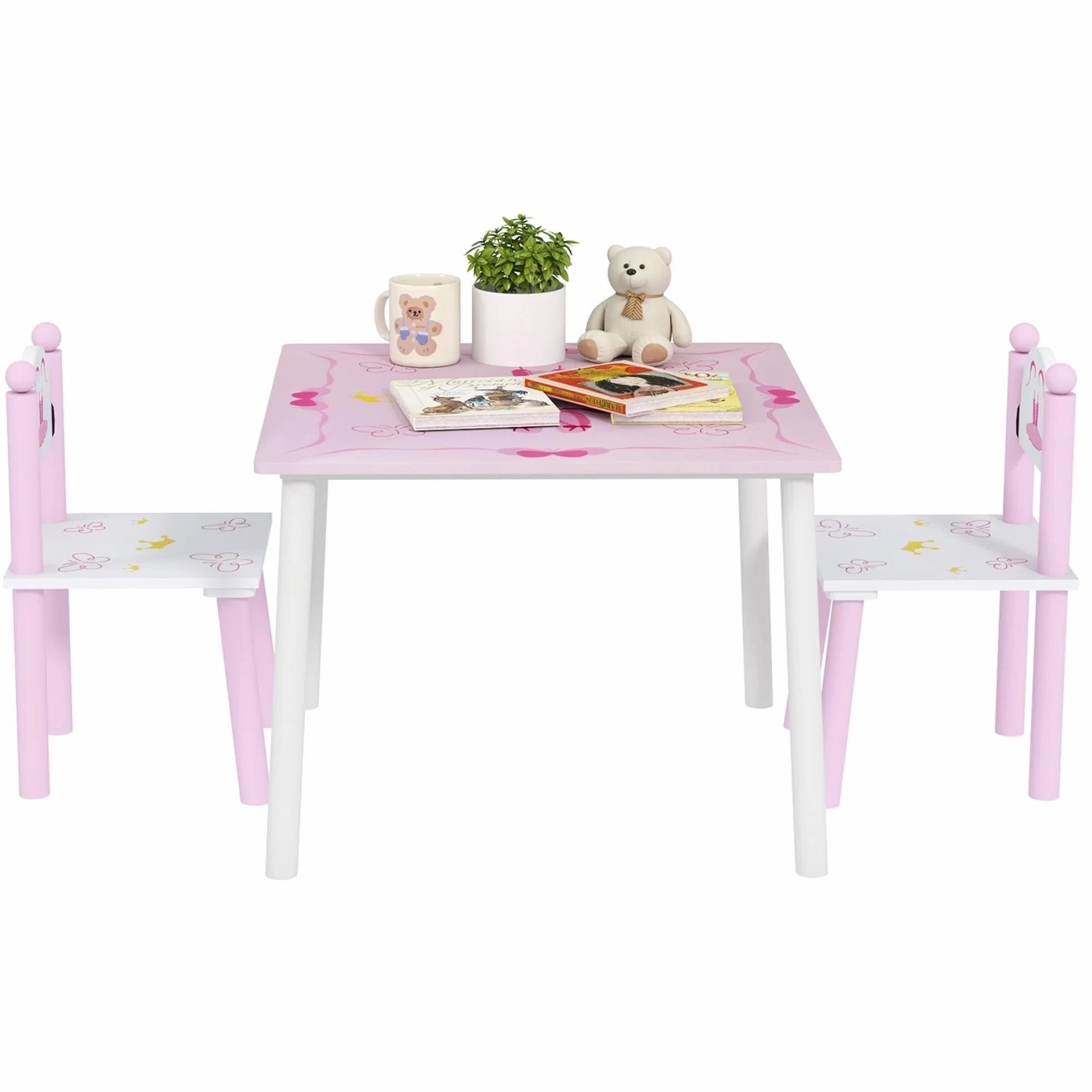 AIYAPLAY Tavolo e sedie per bambini 3 pezzi stile principessa Rosa e bianco