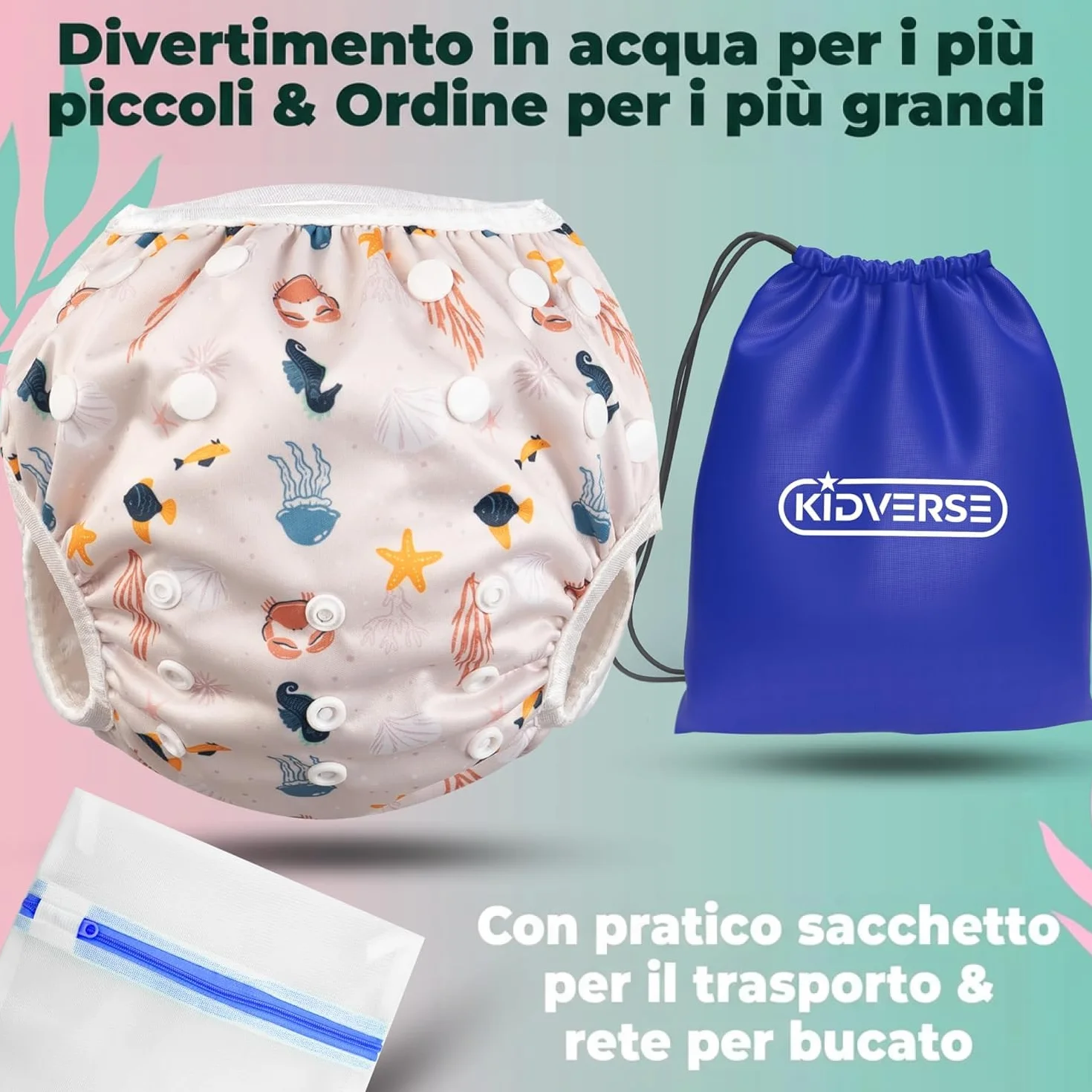 KIDVERSE pannolini acquatici baby costume da bagno 0–3 anni – pannolino piscina neonato regolabile con borsa e rete per lavaggio
