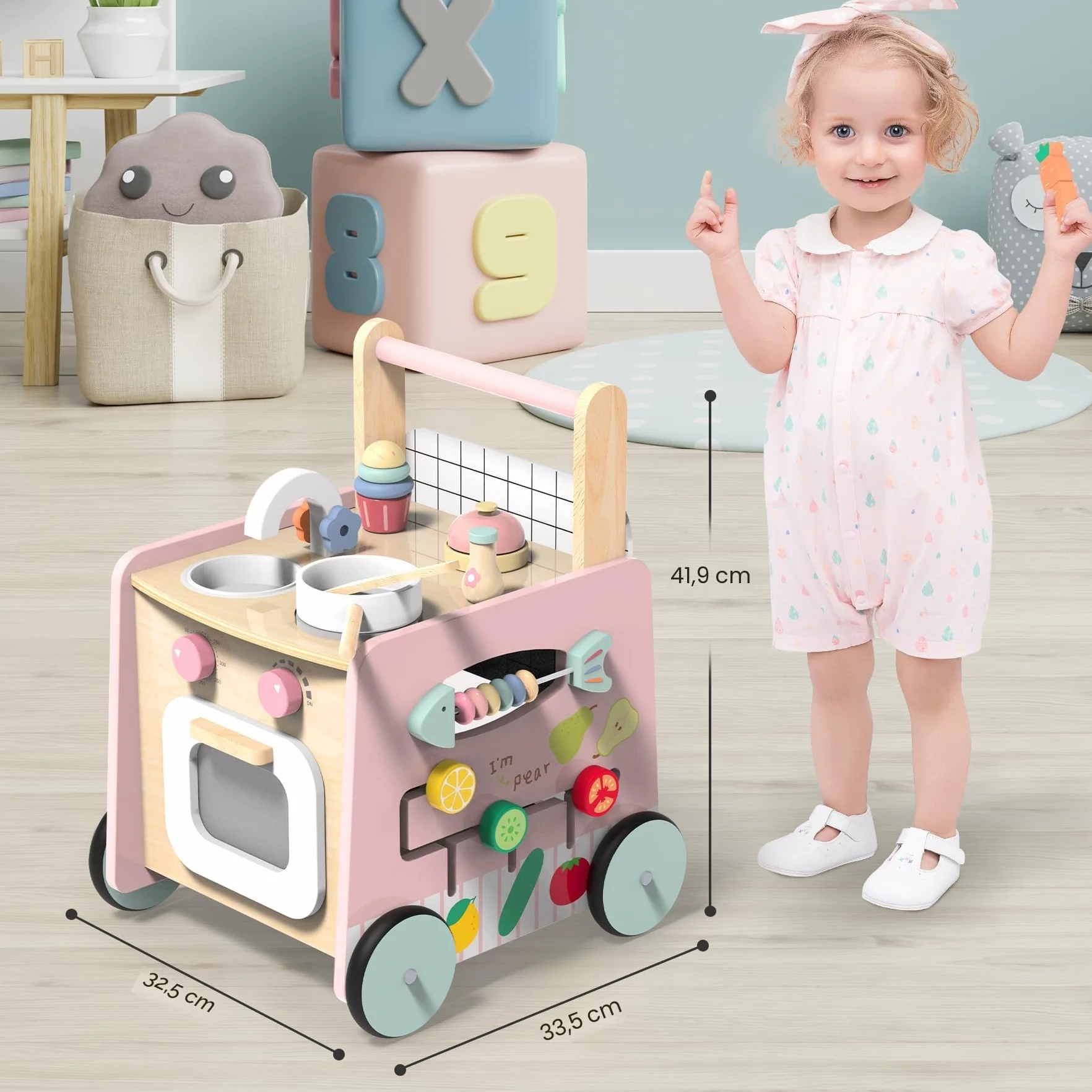 Girello Bambini Legno 9 in 1 Carrello Primi Passi con Giocattoli Montessori Cucina da Gioco, Regalo Natale