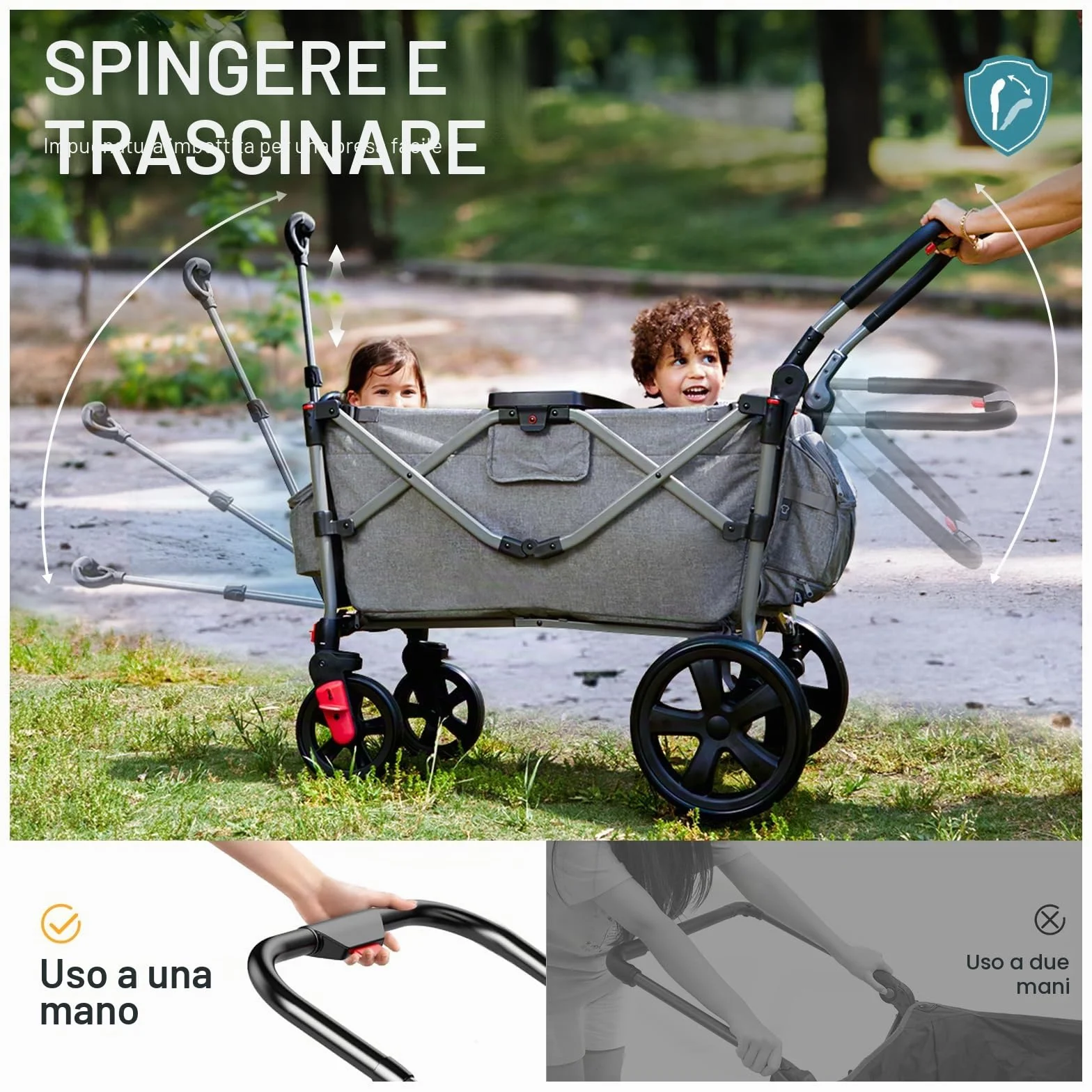 EVER ADVANCED Passeggino pieghevole per bambini con tetto, cintura di sicurezza 2x5 punti, carrello di trasporto con zaino, freno a pedale, capacità 50KG