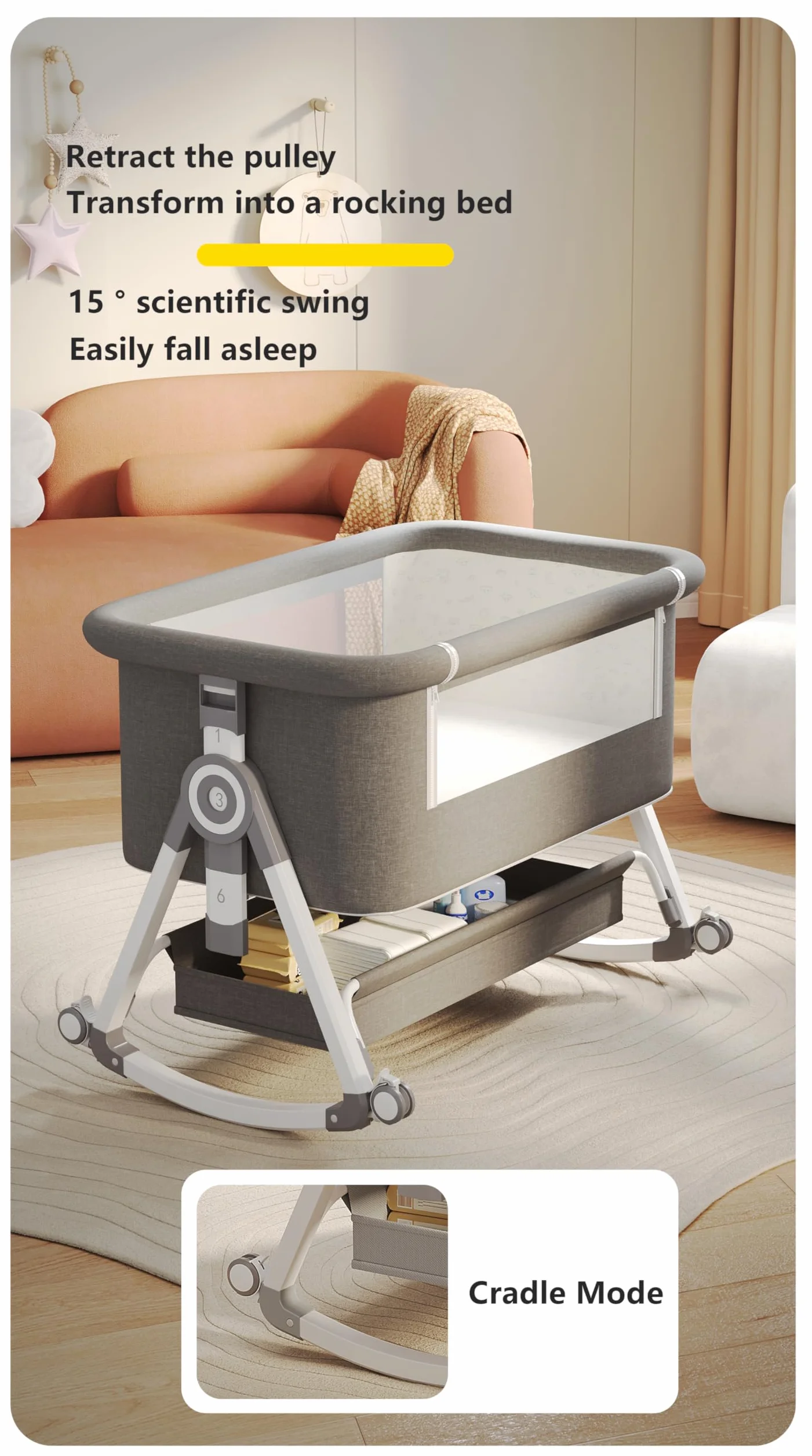 GLOKID 3-in-1 Culla Neonato con Materasso, Culla Next to Me, Crib da Campeggio, Regolazione a Sei Velocità, Altezza Regolabile, Inclinabile (Grigio)