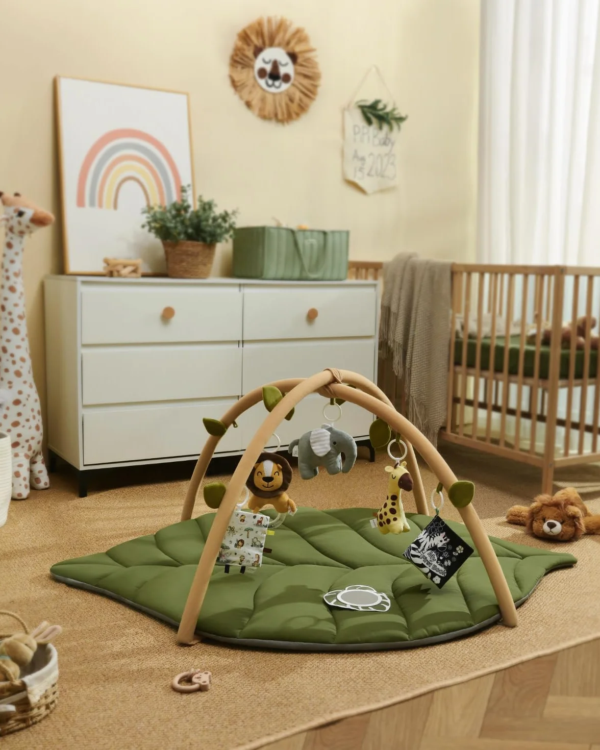 Blissful Diary Palestrina Neonato con Arco Rimovibile a Forma di Foglia con 6 Giochi - Sviluppo Sensoriale e Motorio, Regalo Per Neonati, Verde