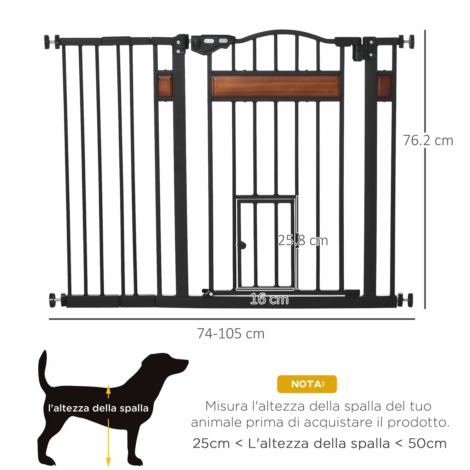 PawHut Cancelletto per Cani in Acciaio Legno di Pino Plastica 74-105x76.2 cm Nero