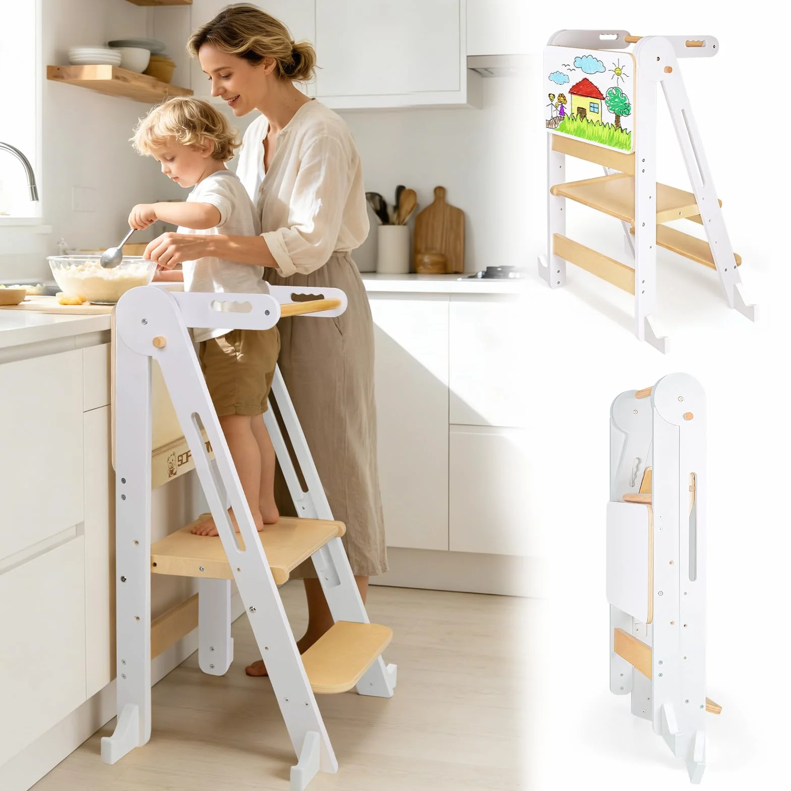 Montessoriana Pieghevole Torre di Apprendimento per Bambini con Tavolo da Disegno e Corrimano di Sicurezza, Regolazione Altezza, Antiribaltamento