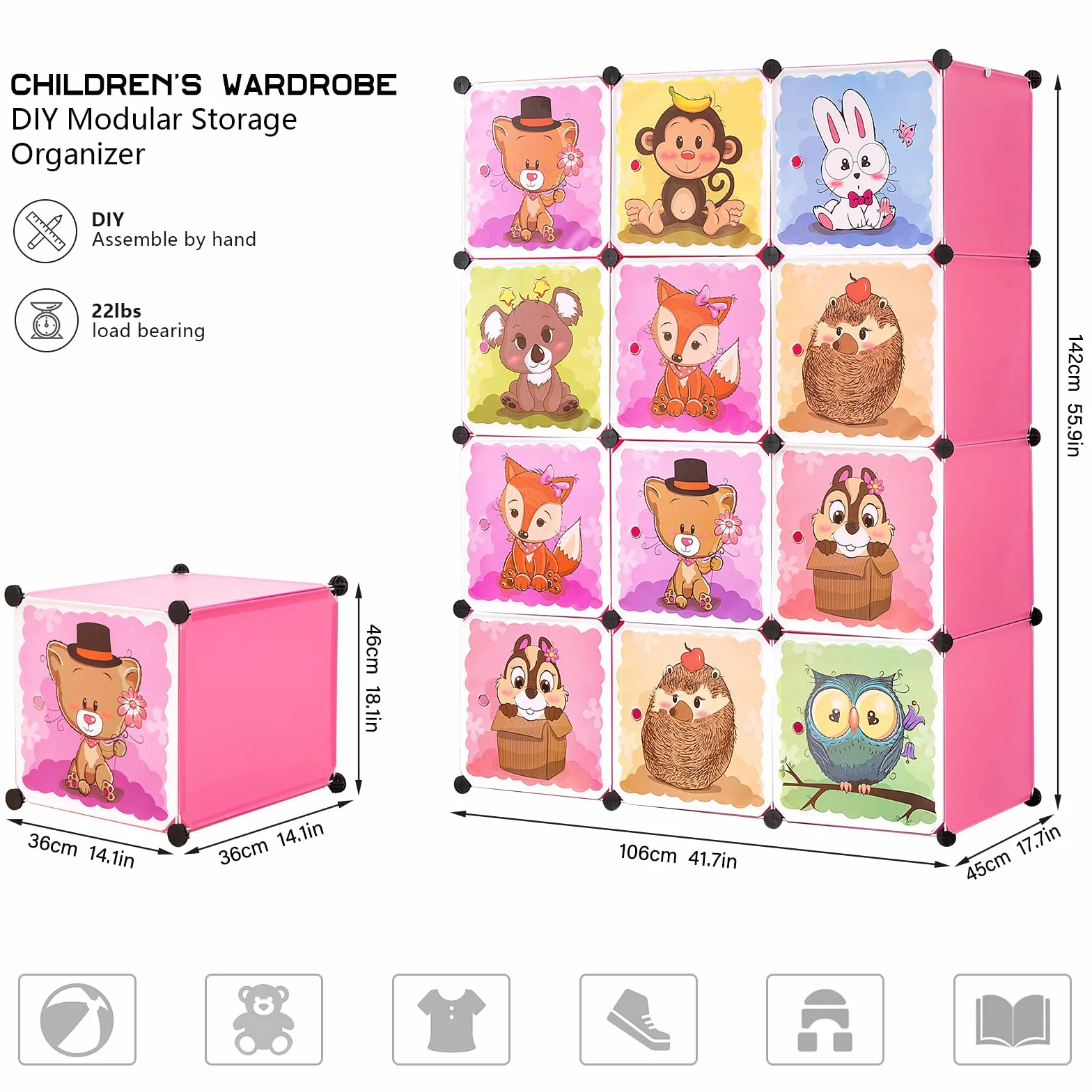 BRIAN & DANY Armadio Bambini 8 Cubi 2 Sezioni Appese Rosa 110x47x147 cm
