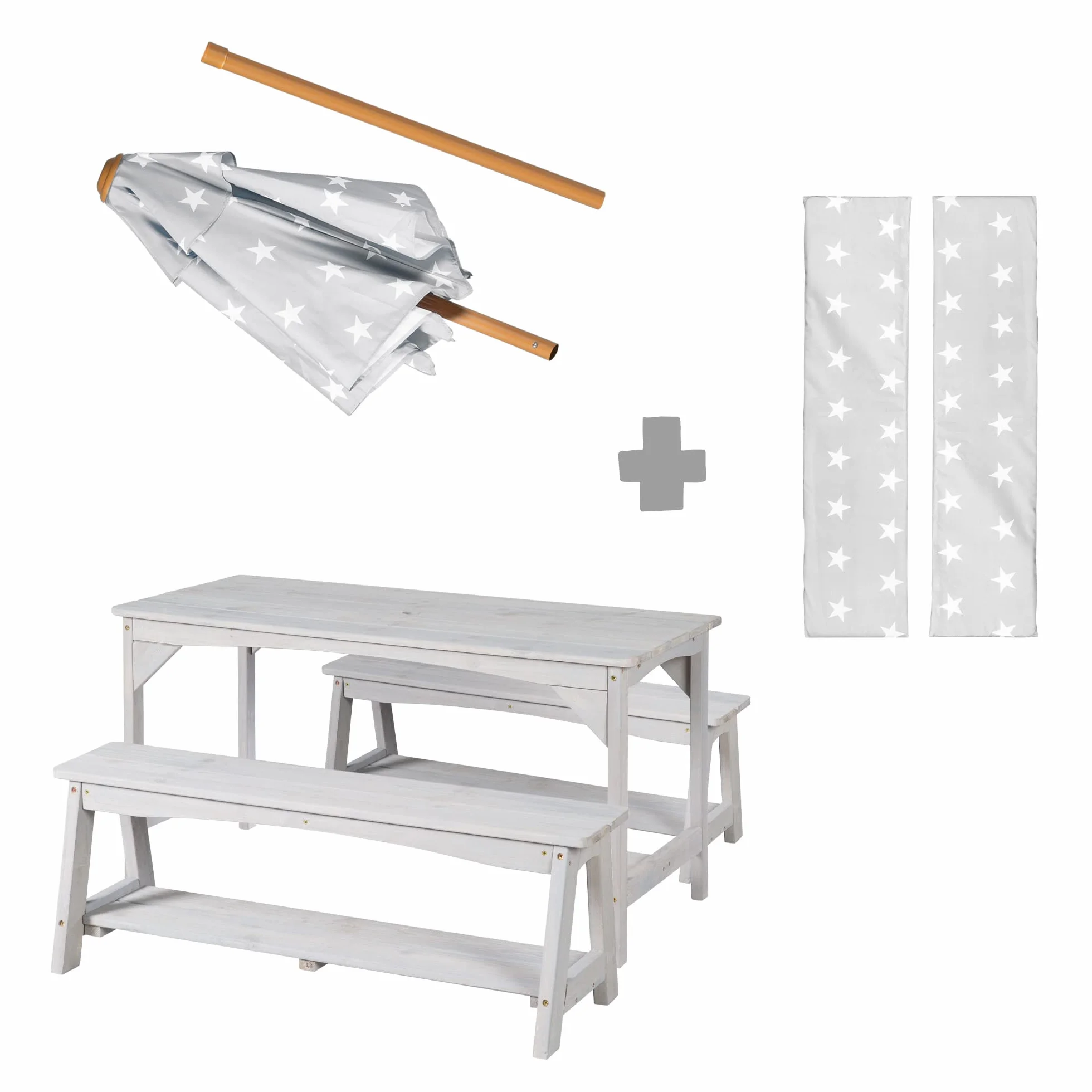 roba Set di Sedute per Bambini Picnic con Tavolo, 2 Panche, Ombrellone e Cuscini – Legno Grigio